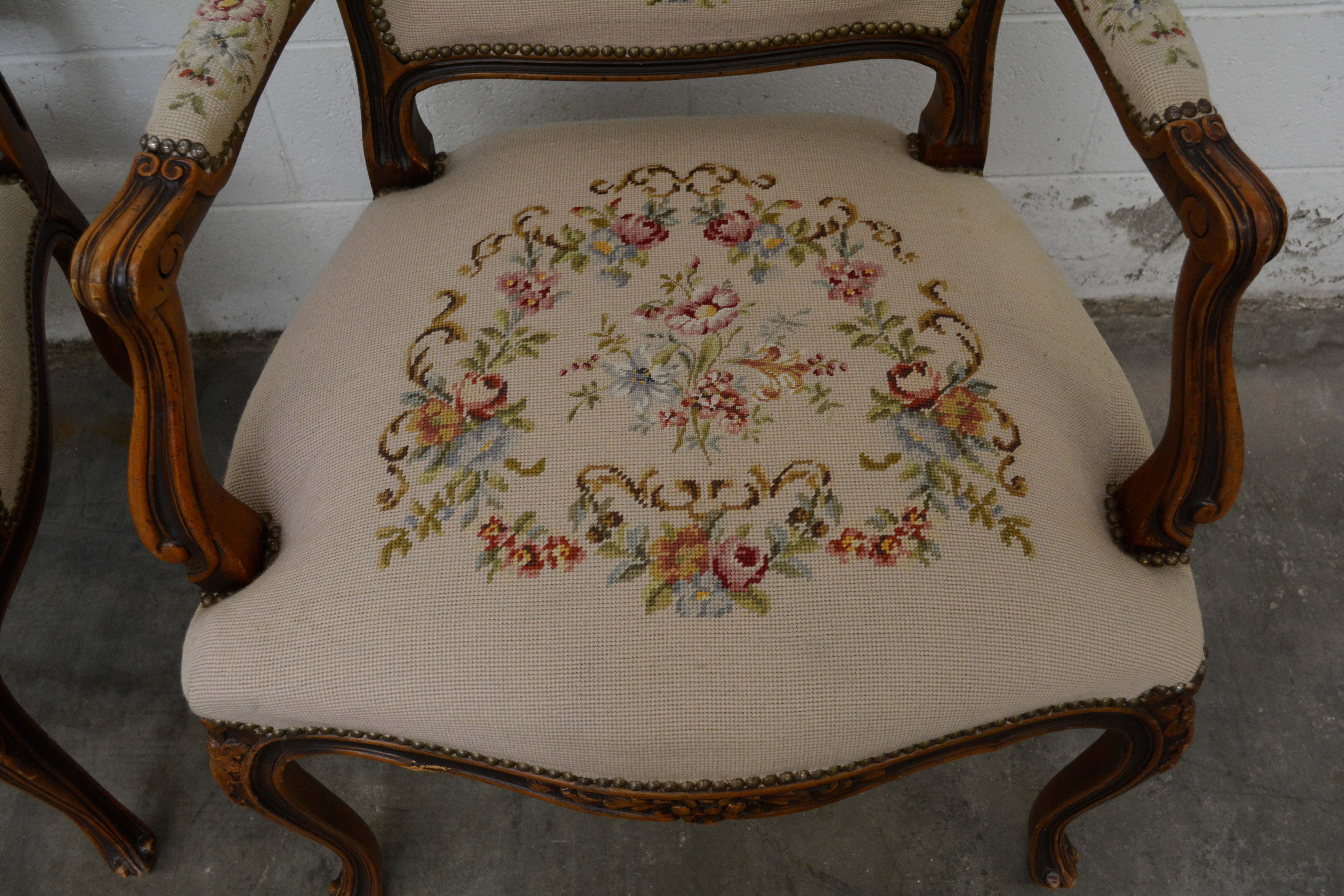 French Provincial Style Walnut Frame Upholstered Fauteuil Pair, 20th Century
