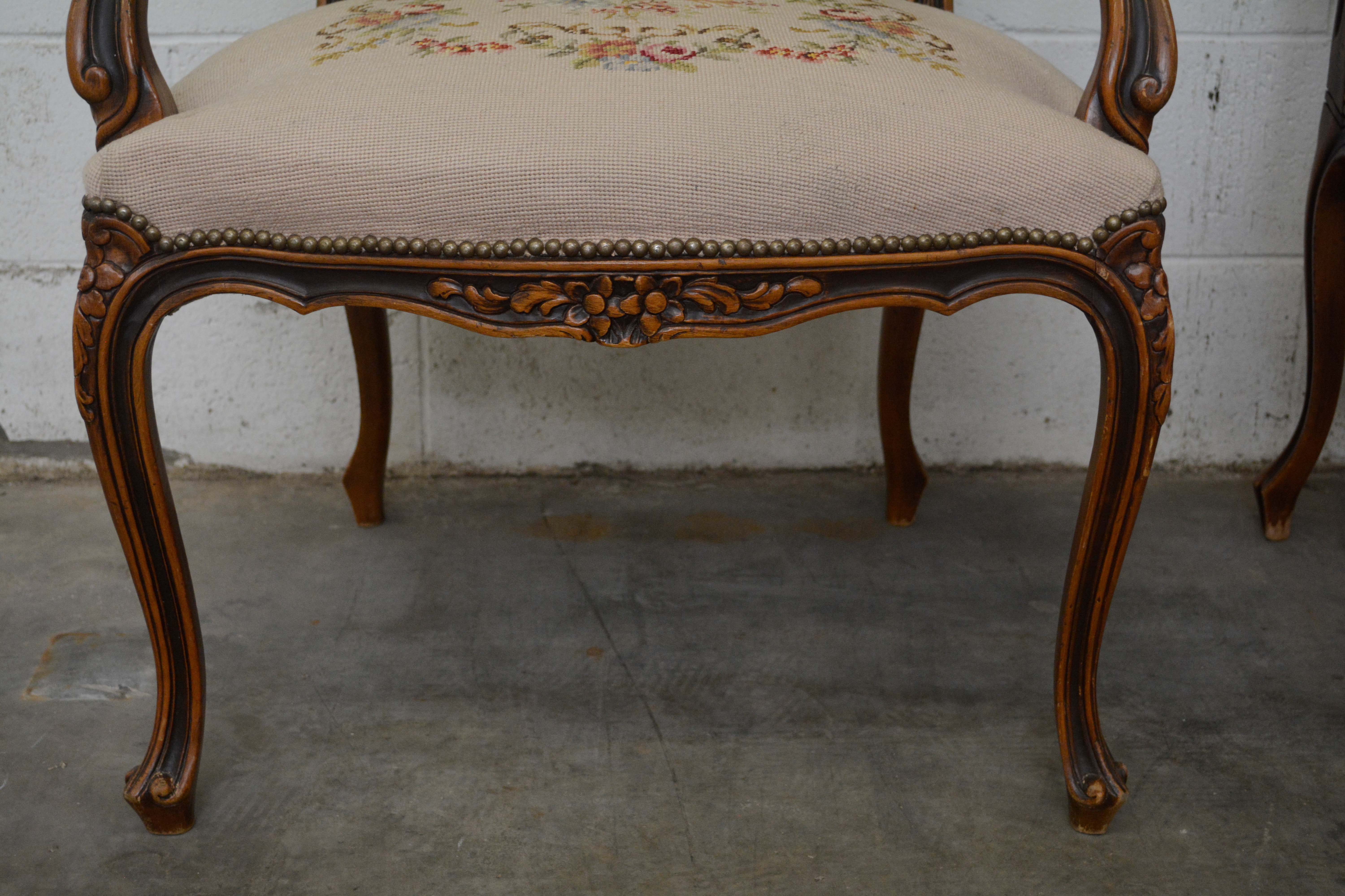 French Provincial Style Walnut Frame Upholstered Fauteuil Pair, 20th Century
