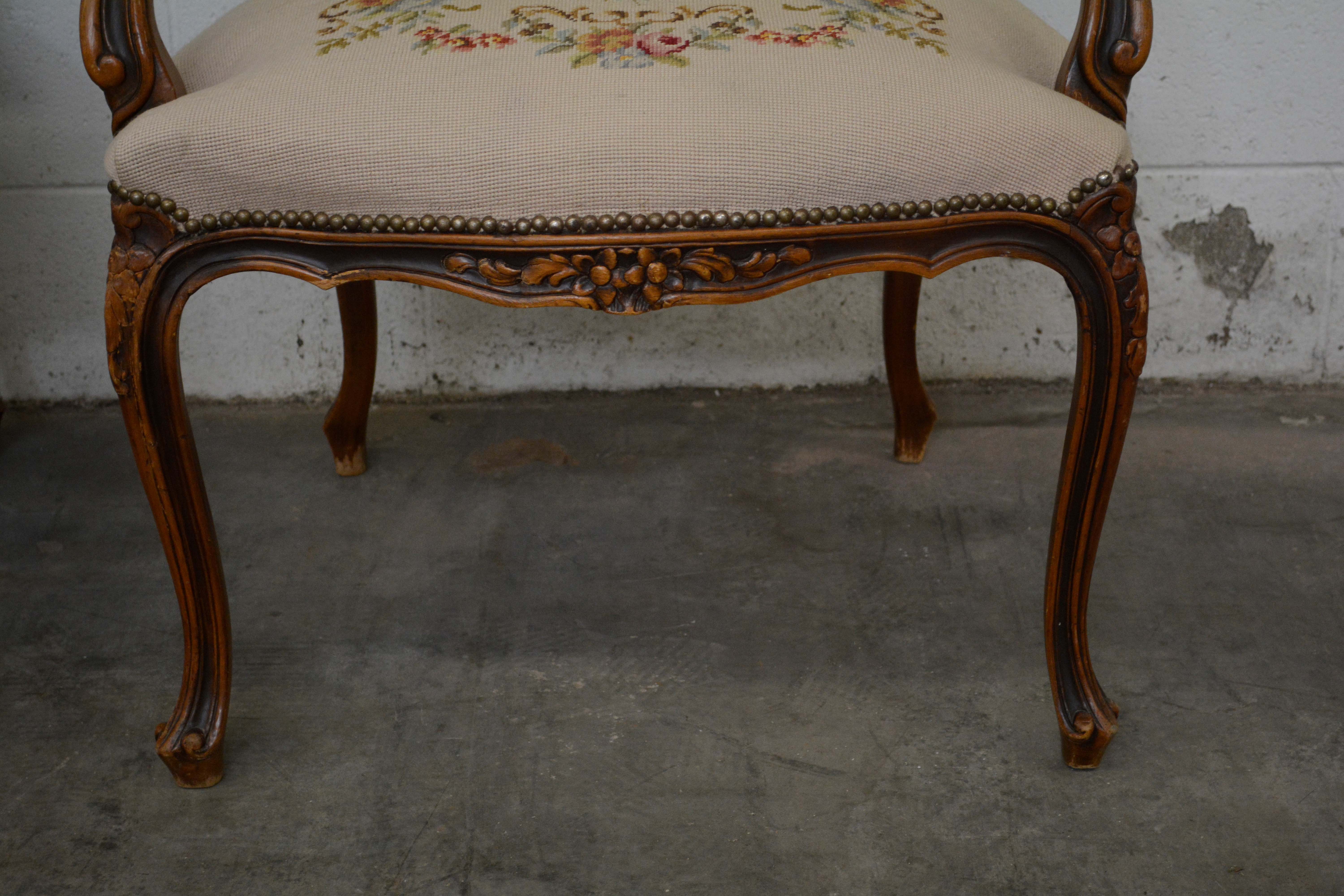 French Provincial Style Walnut Frame Upholstered Fauteuil Pair, 20th Century