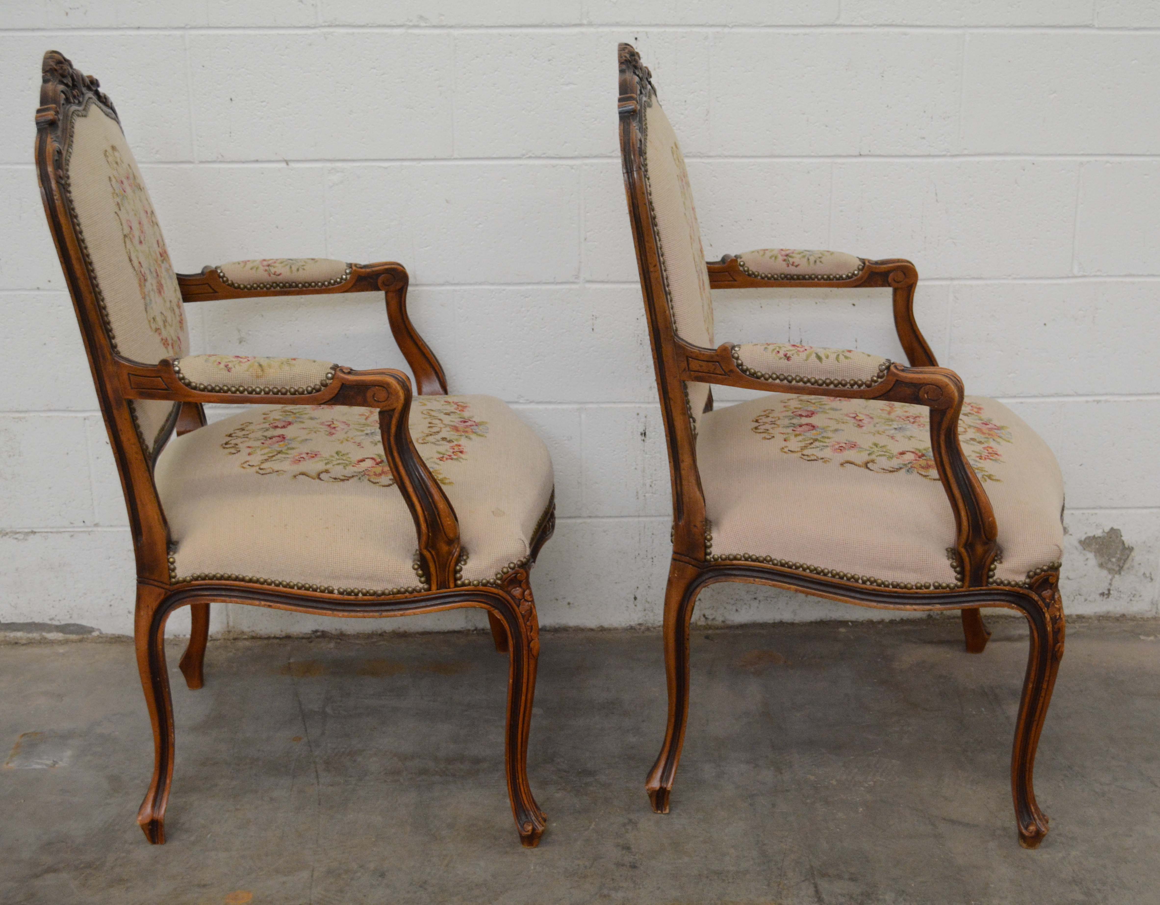 French Provincial Style Walnut Frame Upholstered Fauteuil Pair, 20th Century