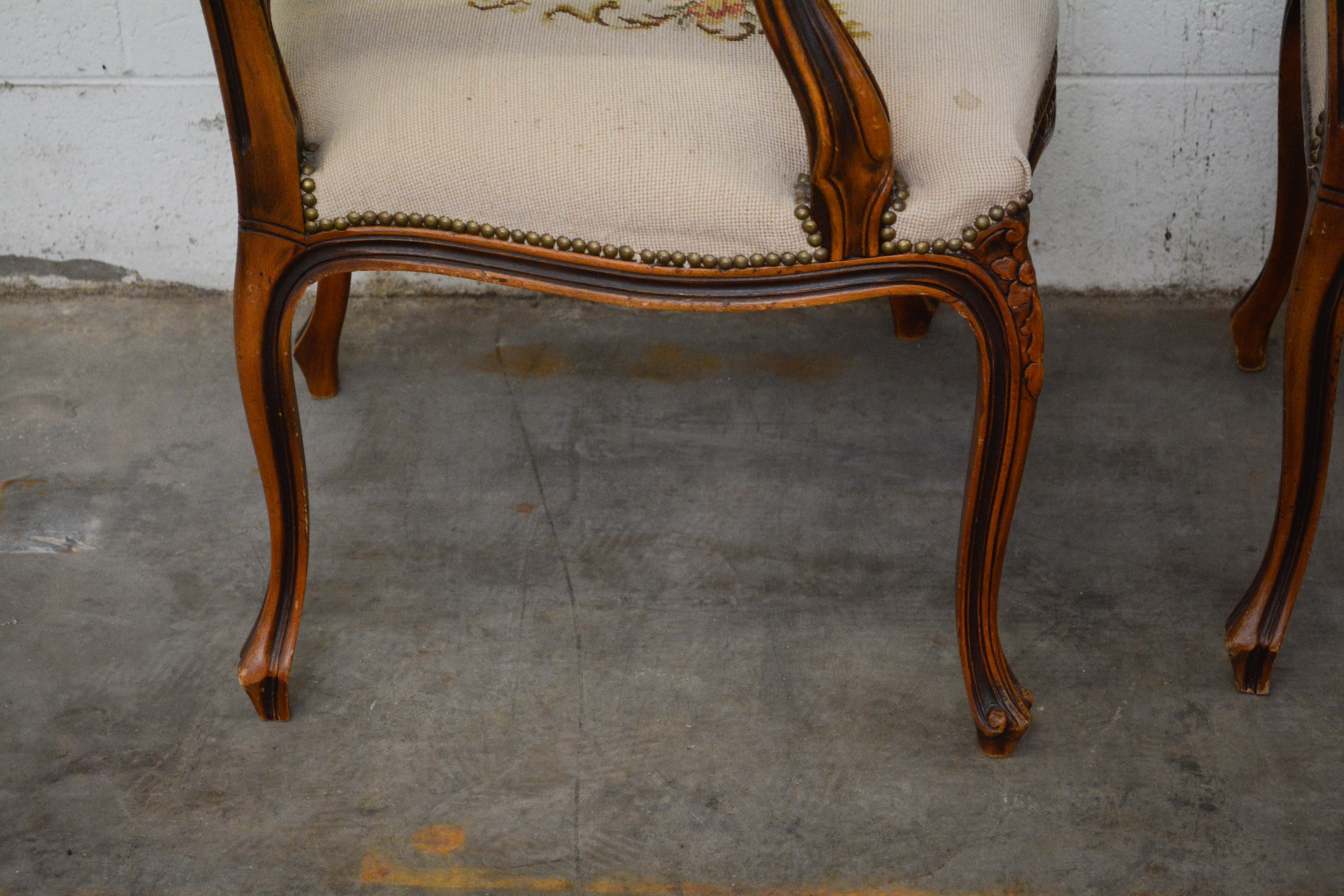 French Provincial Style Walnut Frame Upholstered Fauteuil Pair, 20th Century