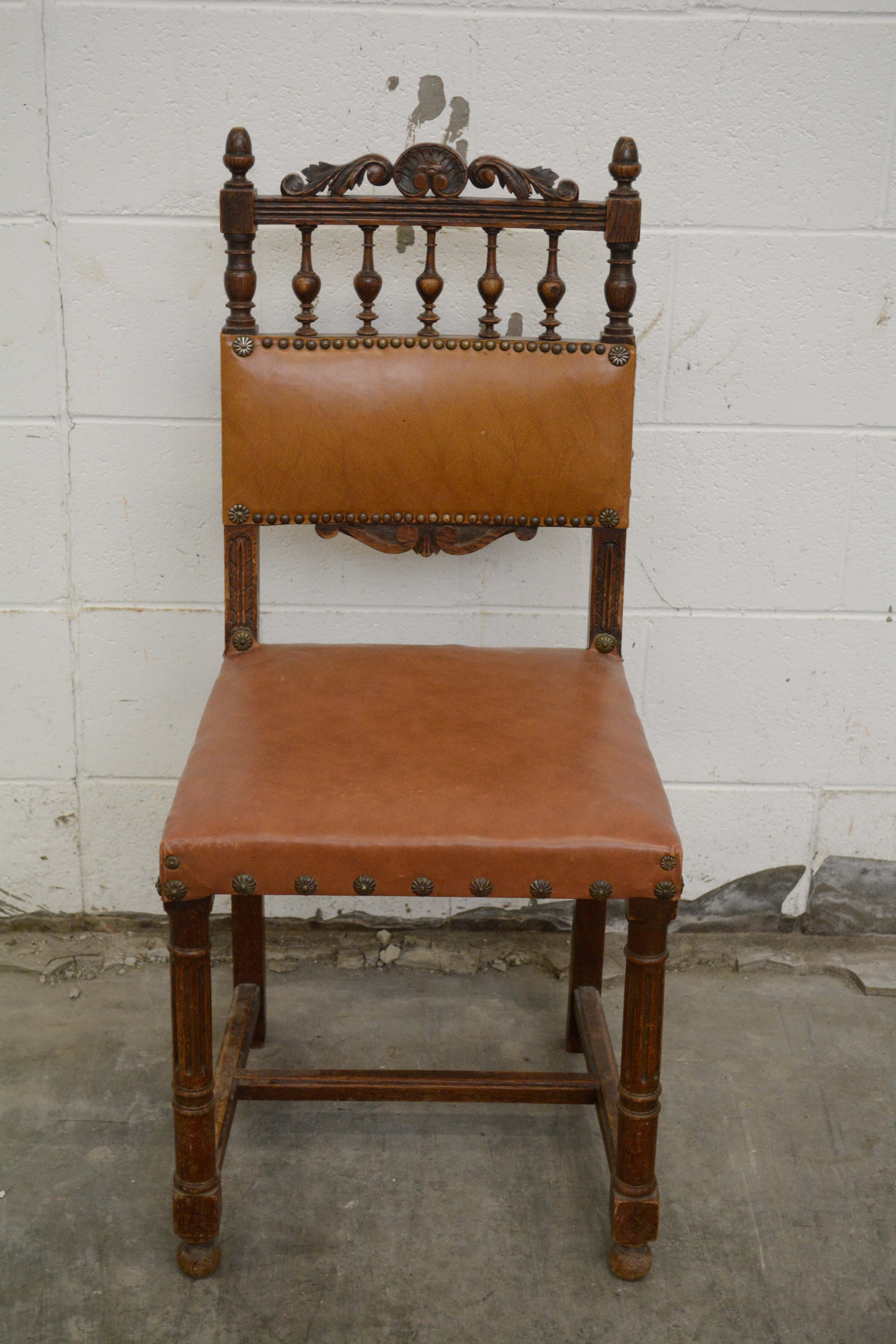 Renaissance Revival Style Oak Frame Vinyl Side Chairs, Mid-20th Century