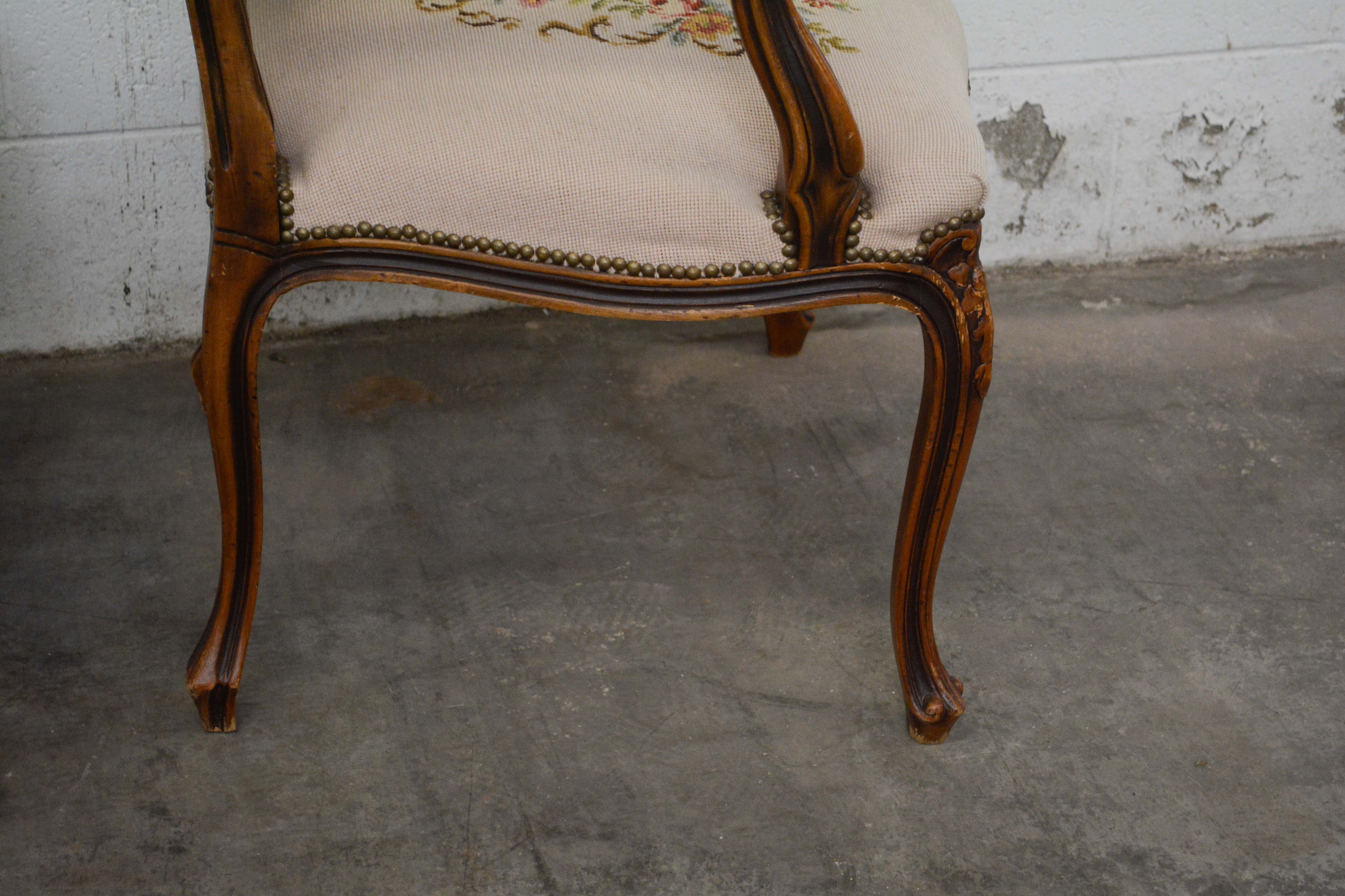 French Provincial Style Walnut Frame Upholstered Fauteuil Pair, 20th Century