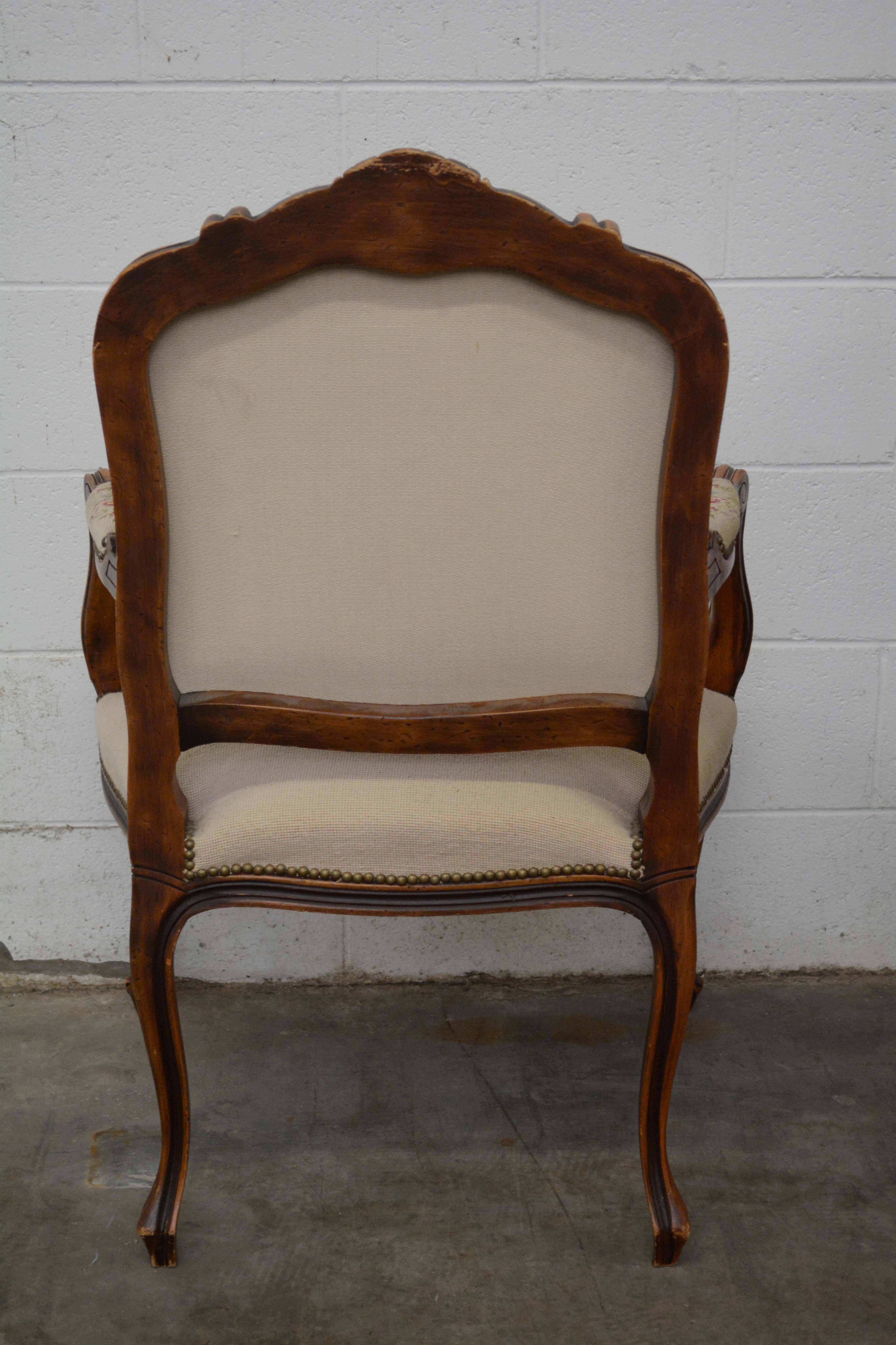 French Provincial Style Walnut Frame Upholstered Fauteuil Pair, 20th Century