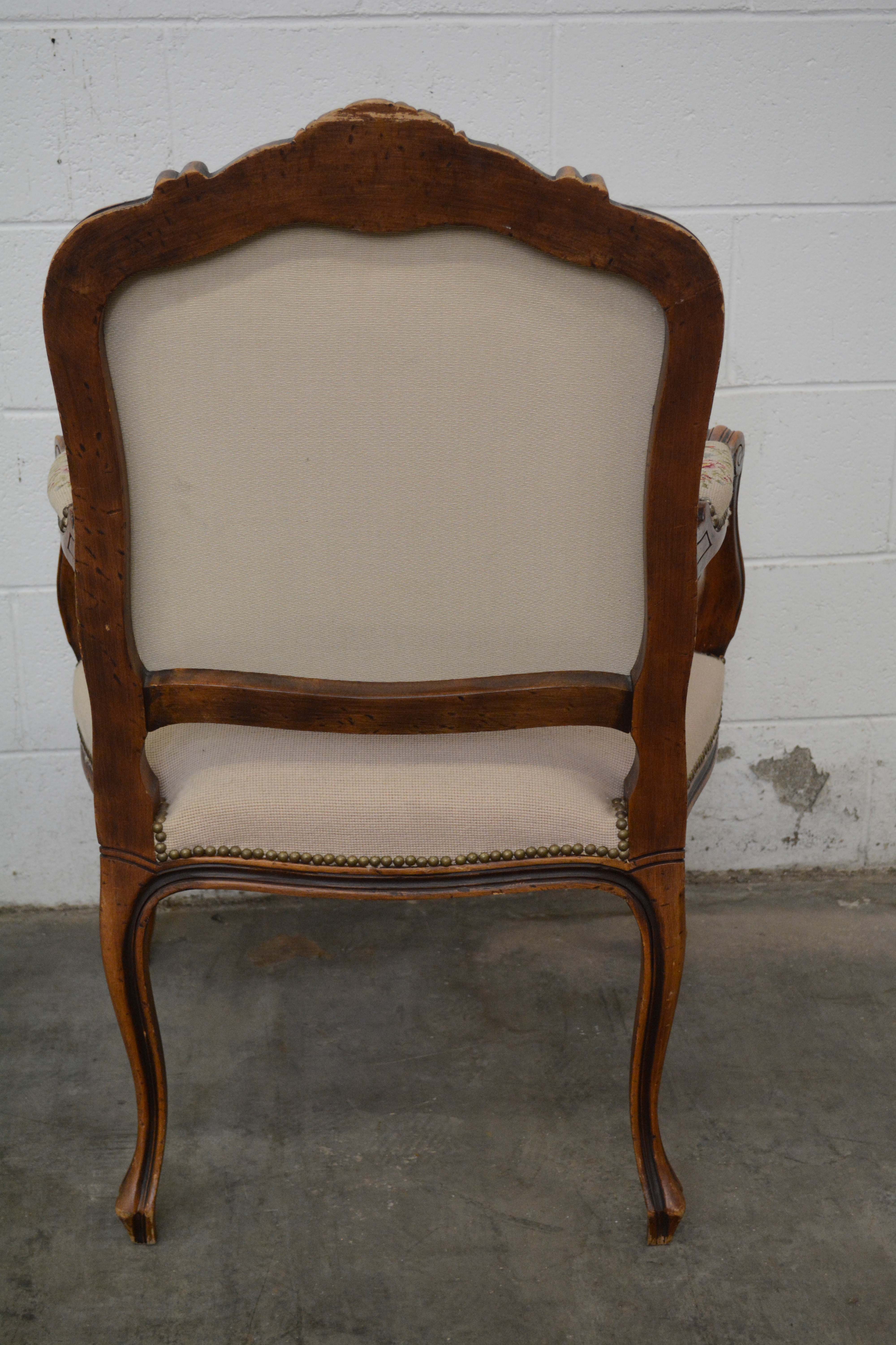 French Provincial Style Walnut Frame Upholstered Fauteuil Pair, 20th Century
