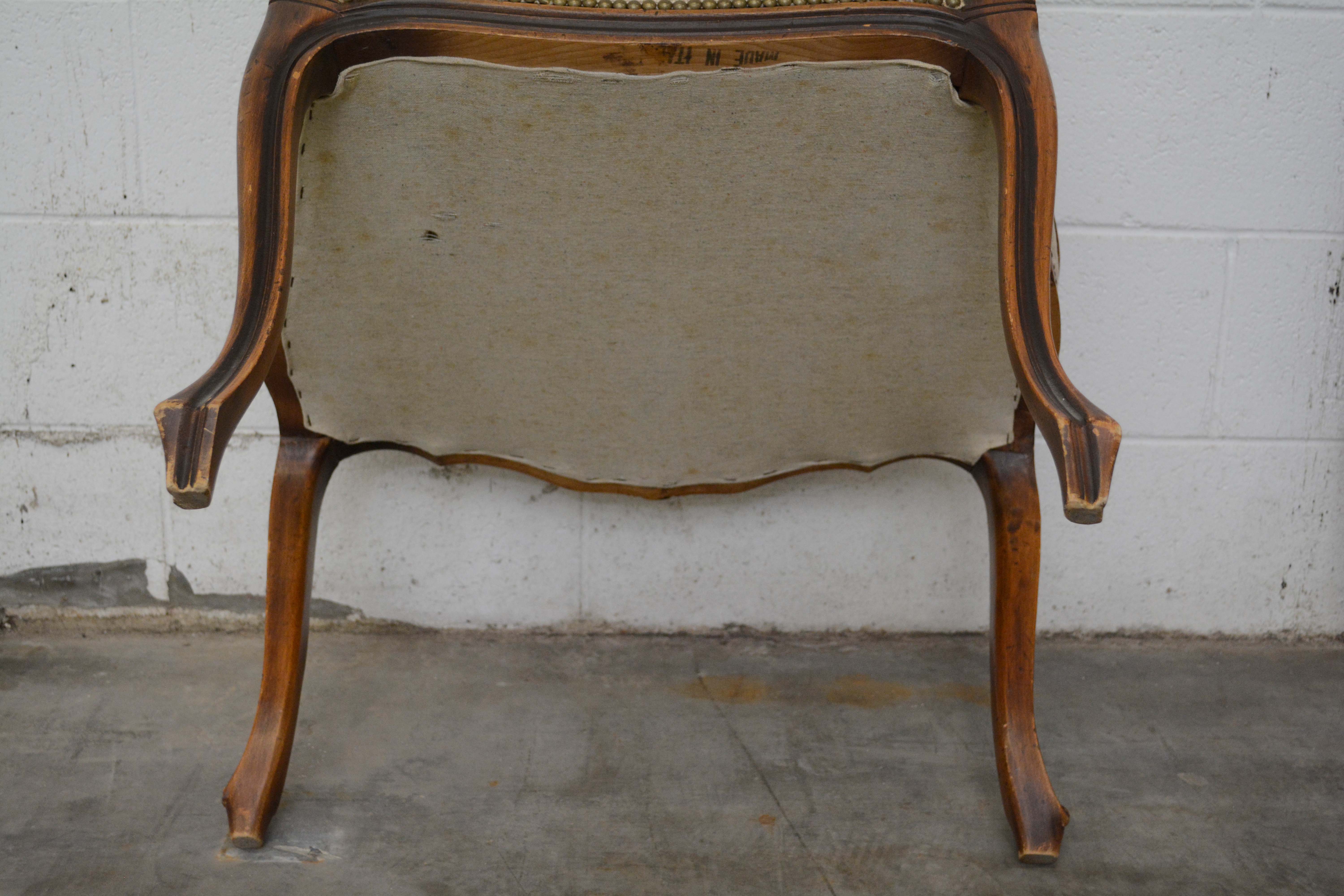 French Provincial Style Walnut Frame Upholstered Fauteuil Pair, 20th Century