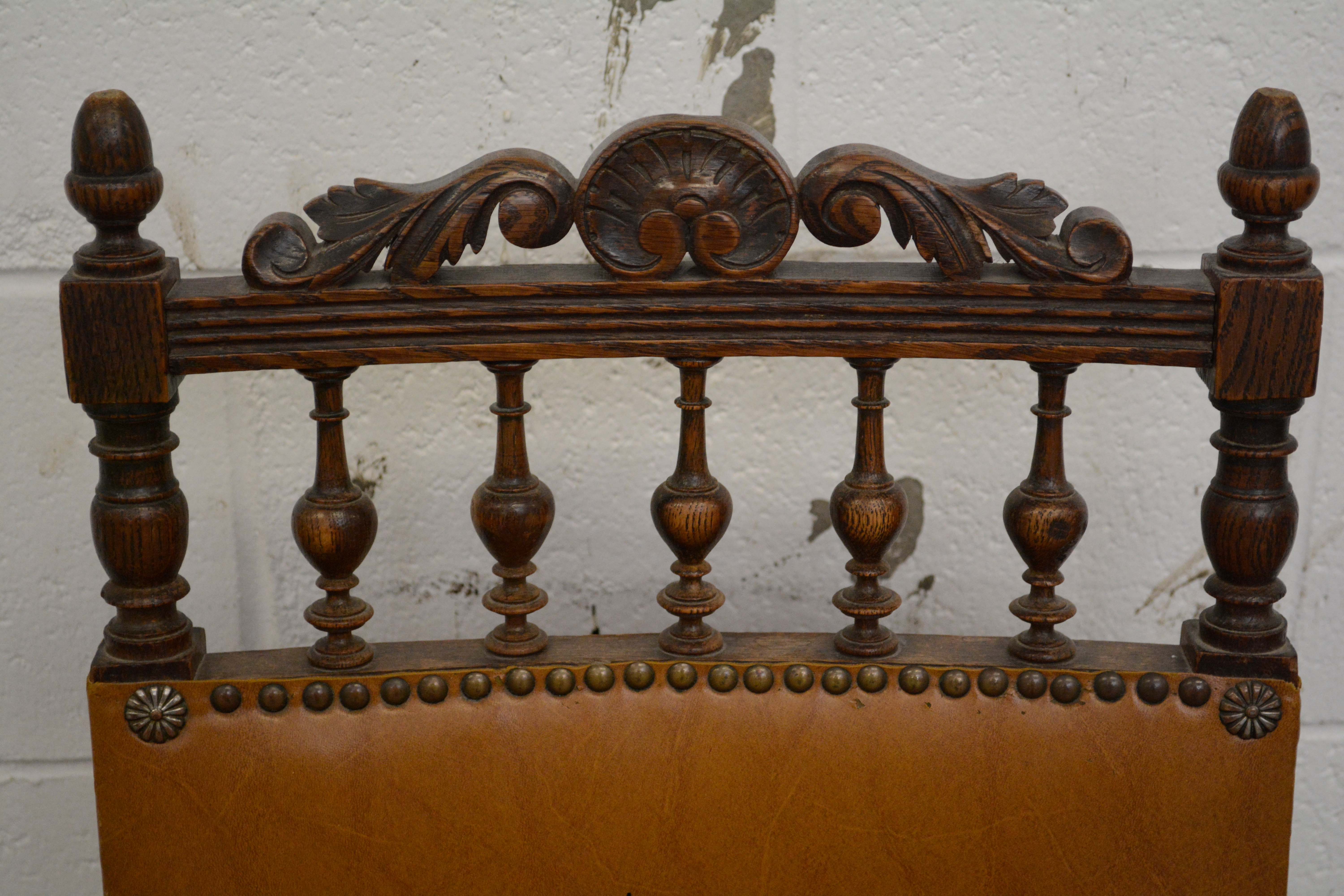 Renaissance Revival Style Oak Frame Vinyl Side Chairs, Mid-20th Century