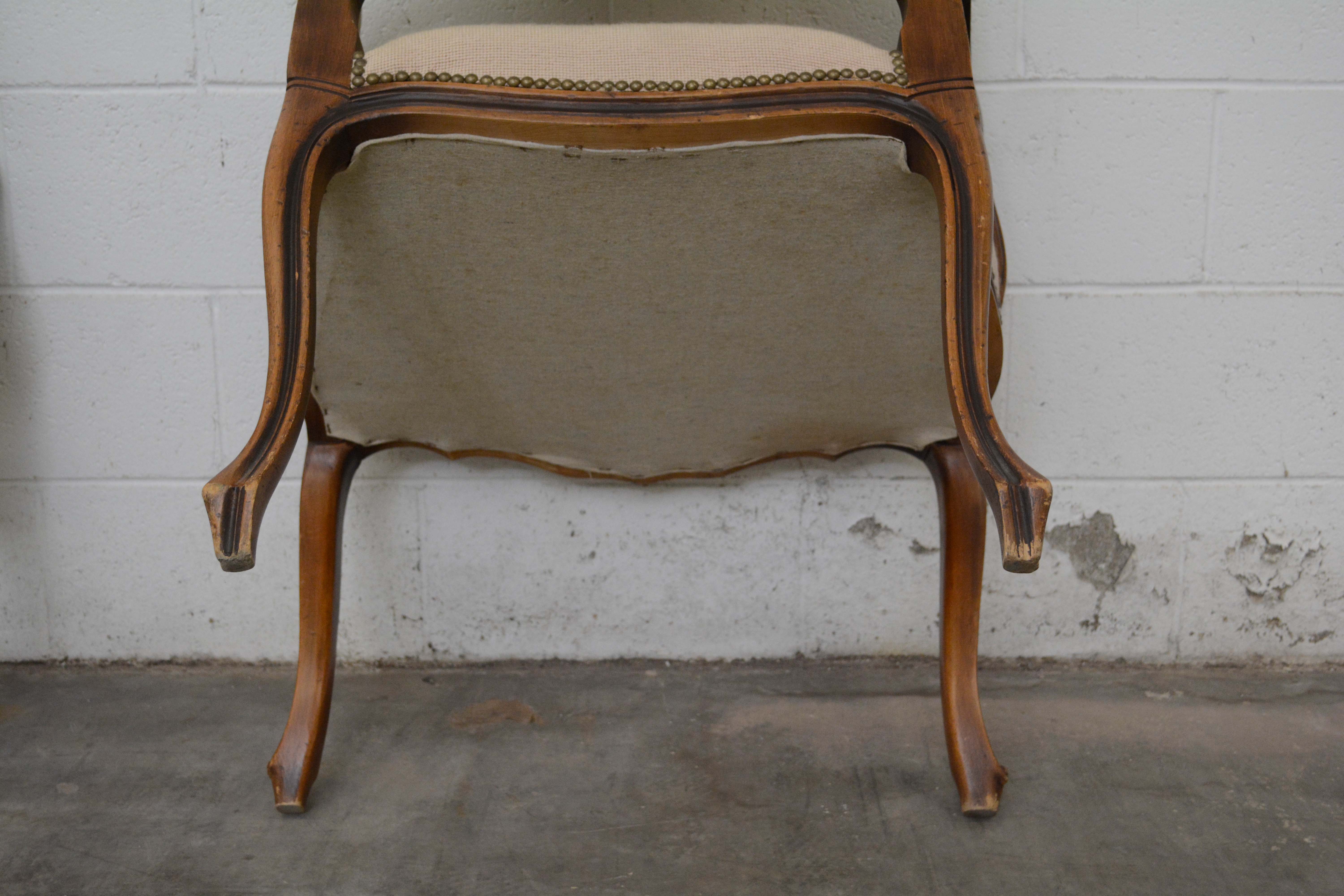 French Provincial Style Walnut Frame Upholstered Fauteuil Pair, 20th Century