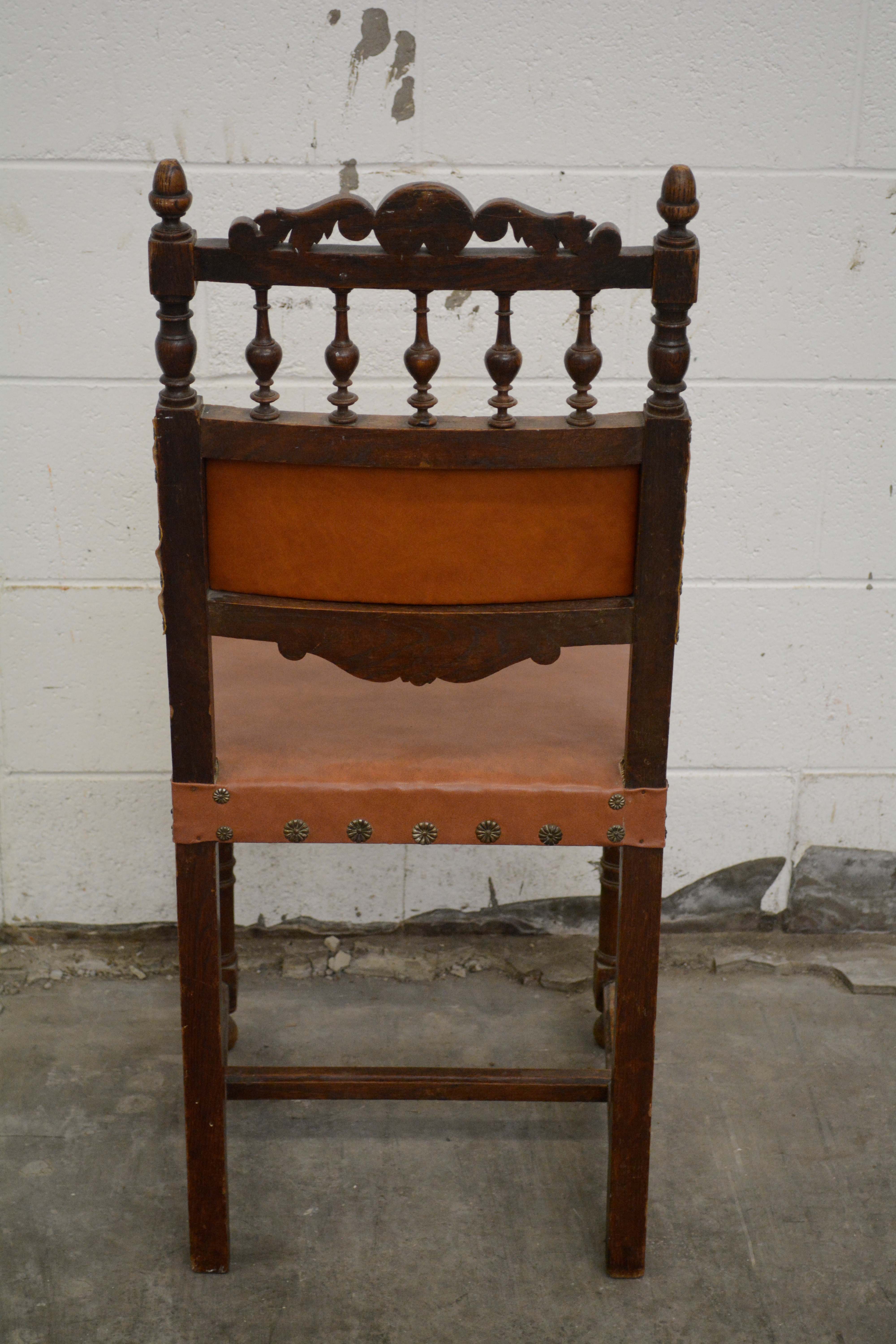 Renaissance Revival Style Oak Frame Vinyl Side Chairs, Mid-20th Century