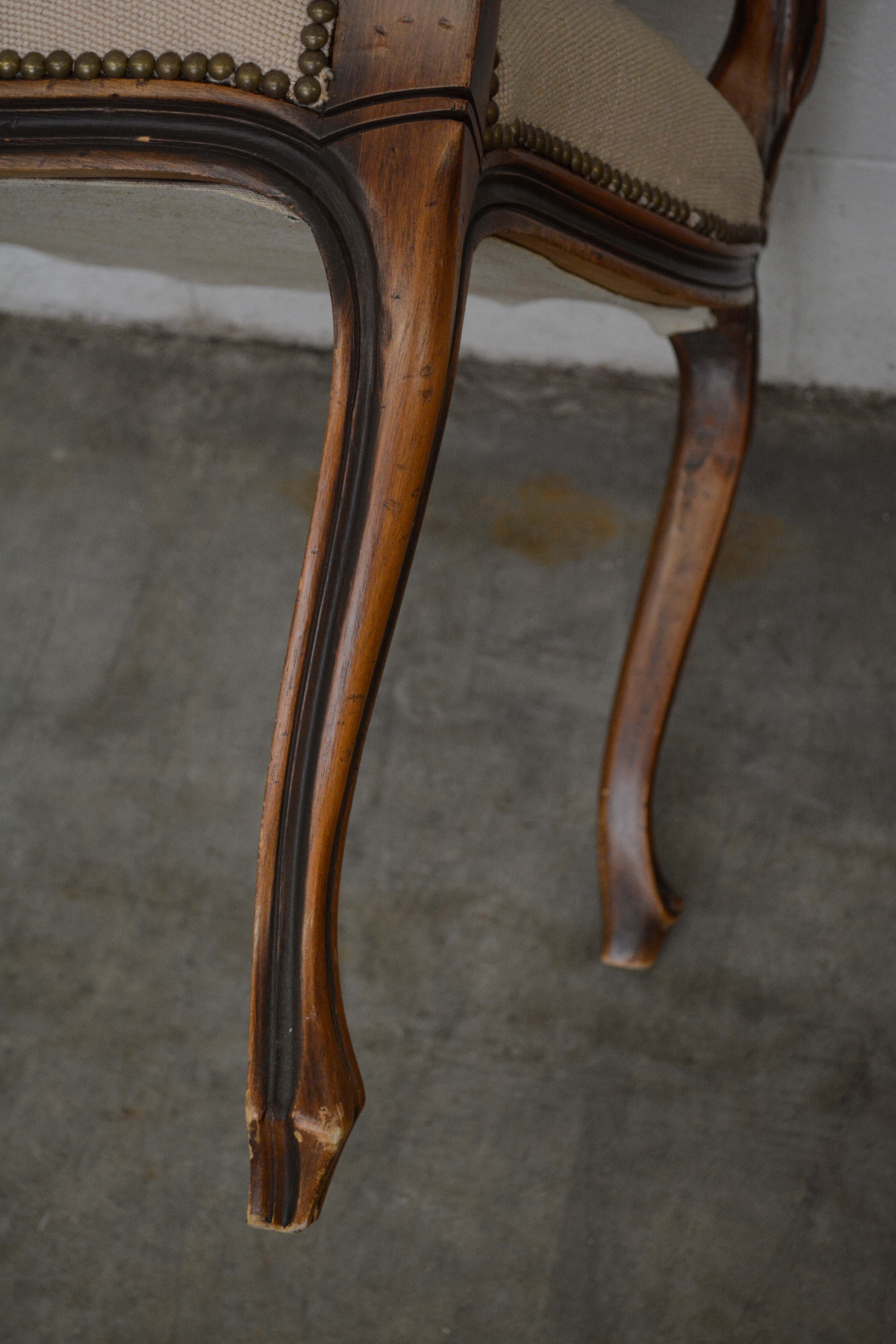 French Provincial Style Walnut Frame Upholstered Fauteuil Pair, 20th Century