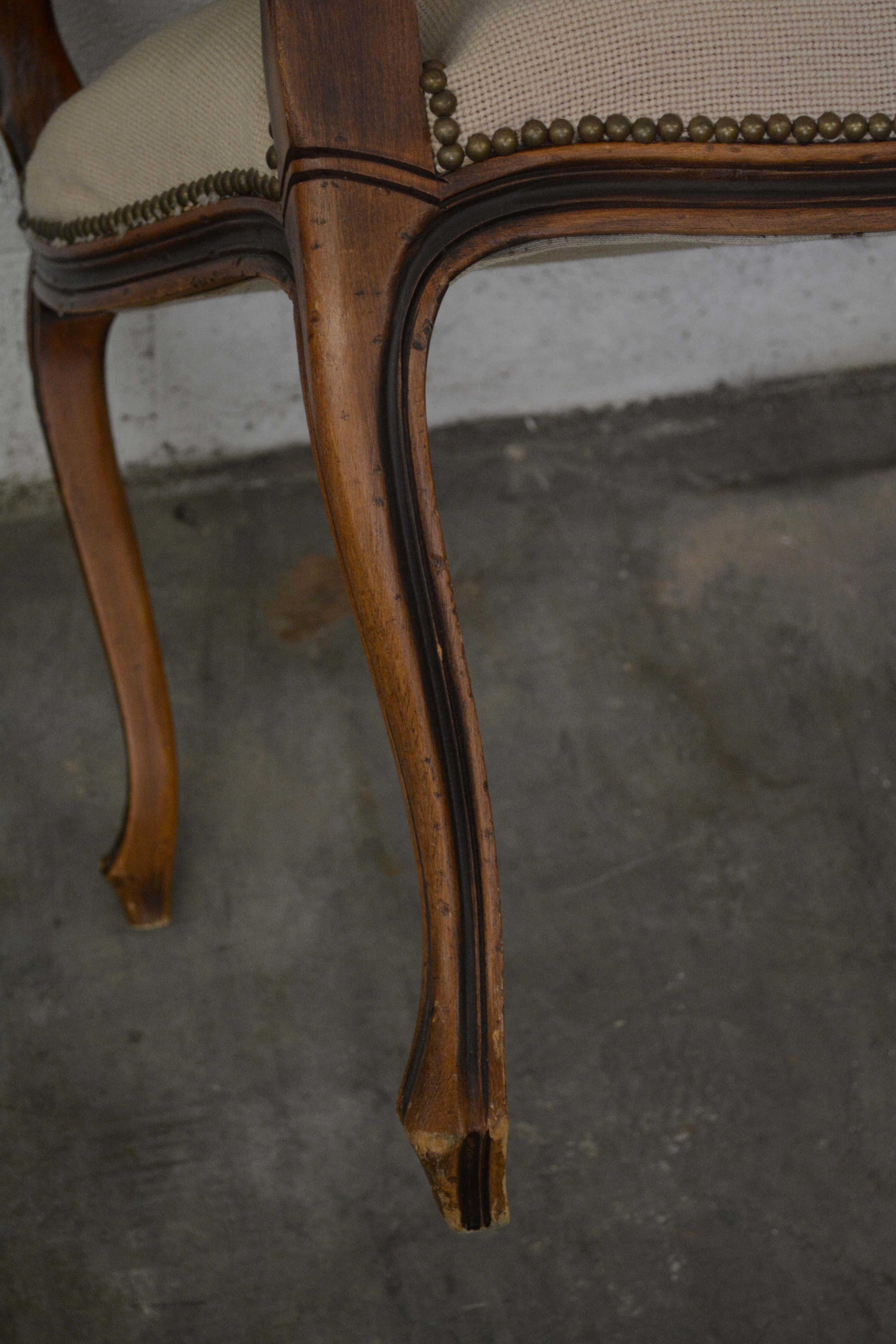 French Provincial Style Walnut Frame Upholstered Fauteuil Pair, 20th Century