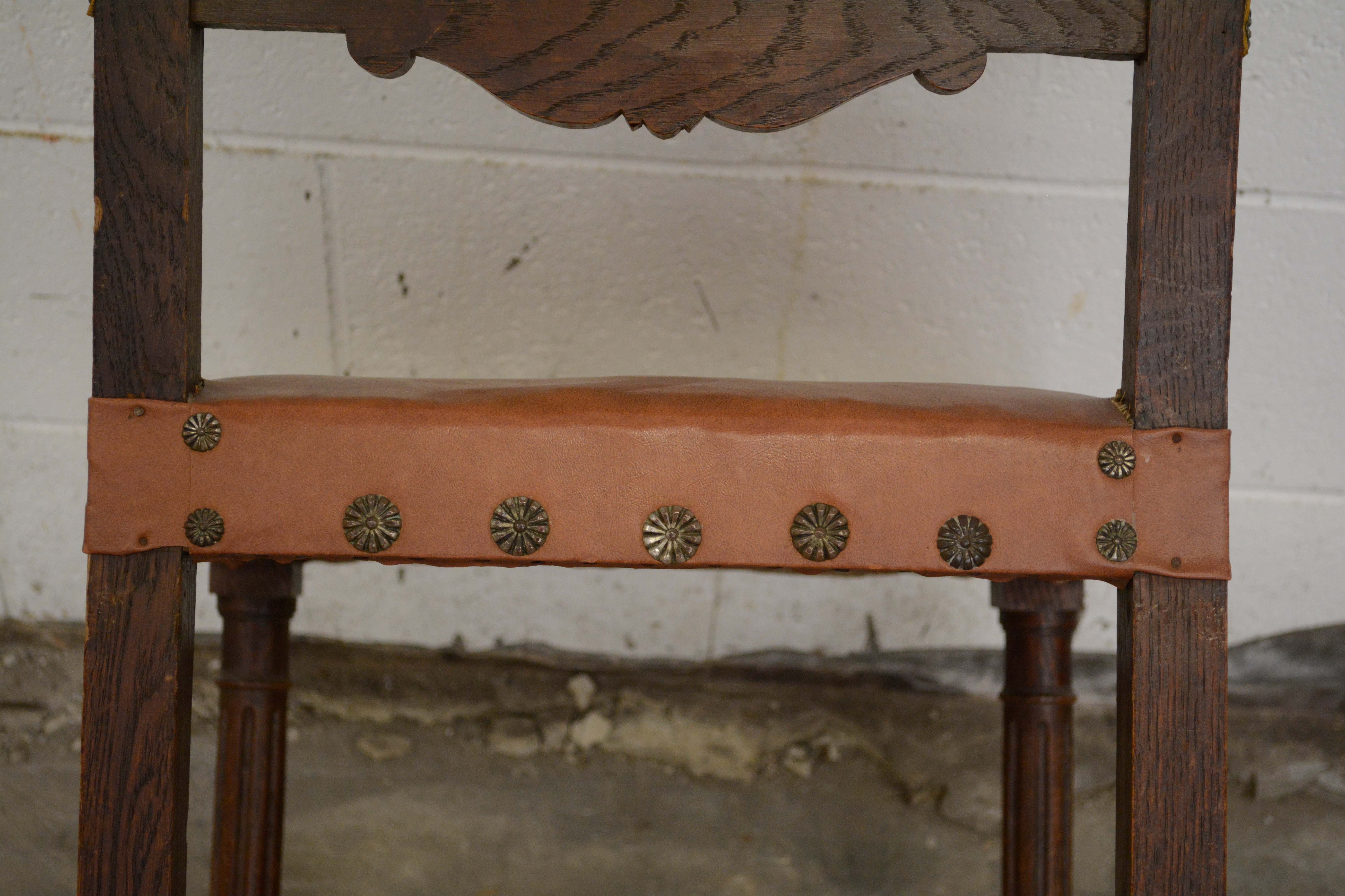 Renaissance Revival Style Oak Frame Vinyl Side Chairs, Mid-20th Century