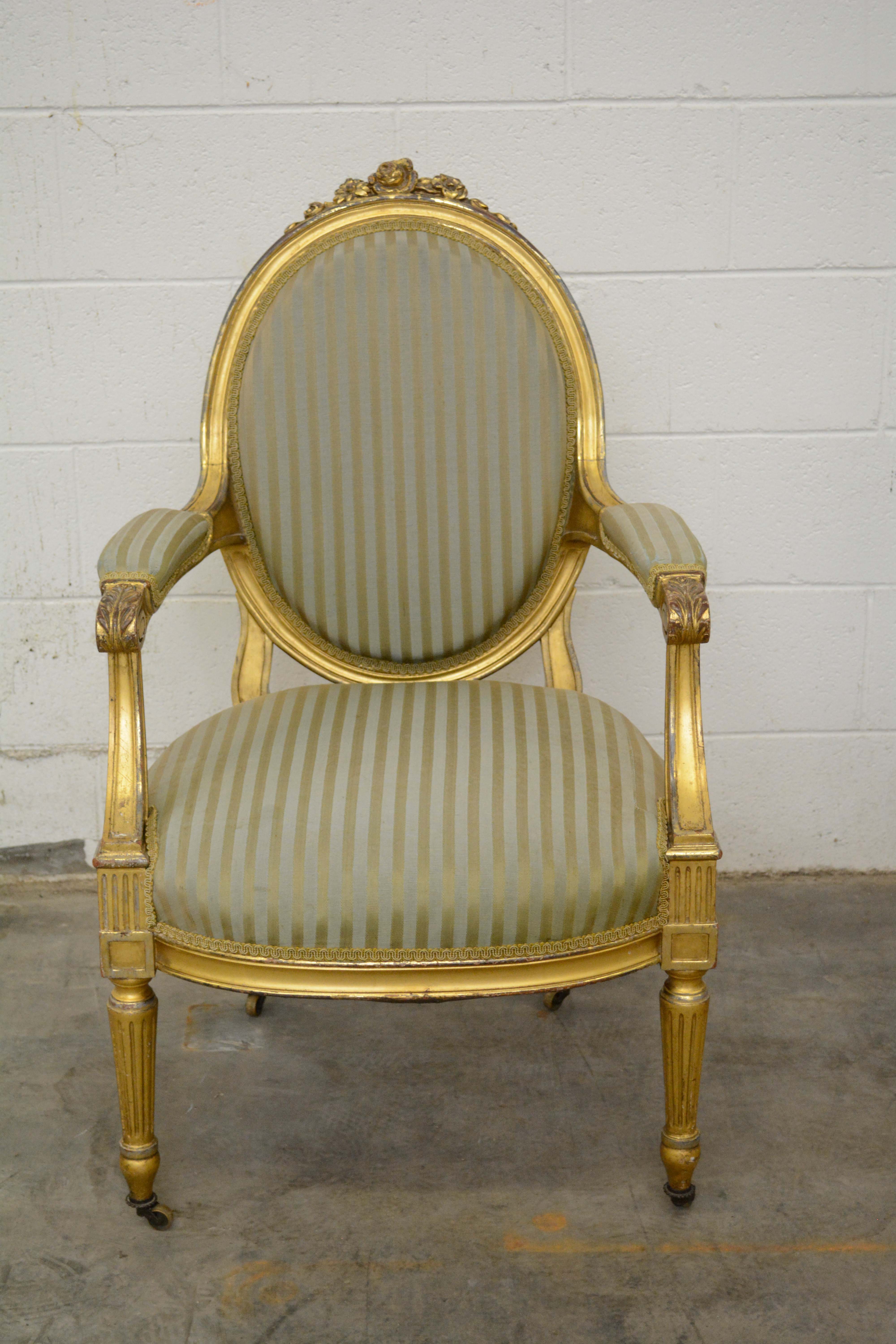 Louis XVI Style Giltwood Fauteuil and Side Chair, Late 19th/Early 20th Century