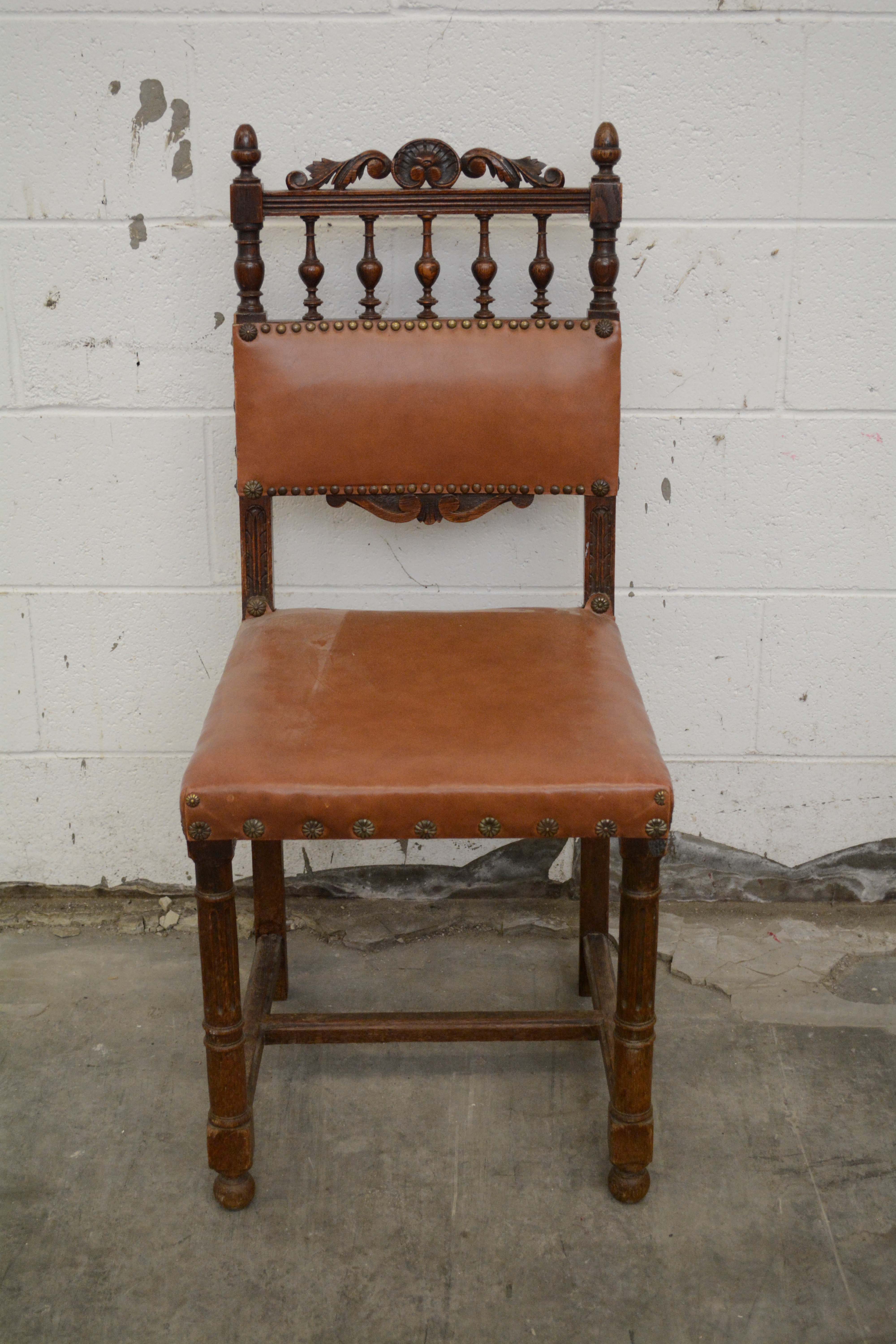 Renaissance Revival Style Oak Frame Vinyl Side Chairs, Mid-20th Century