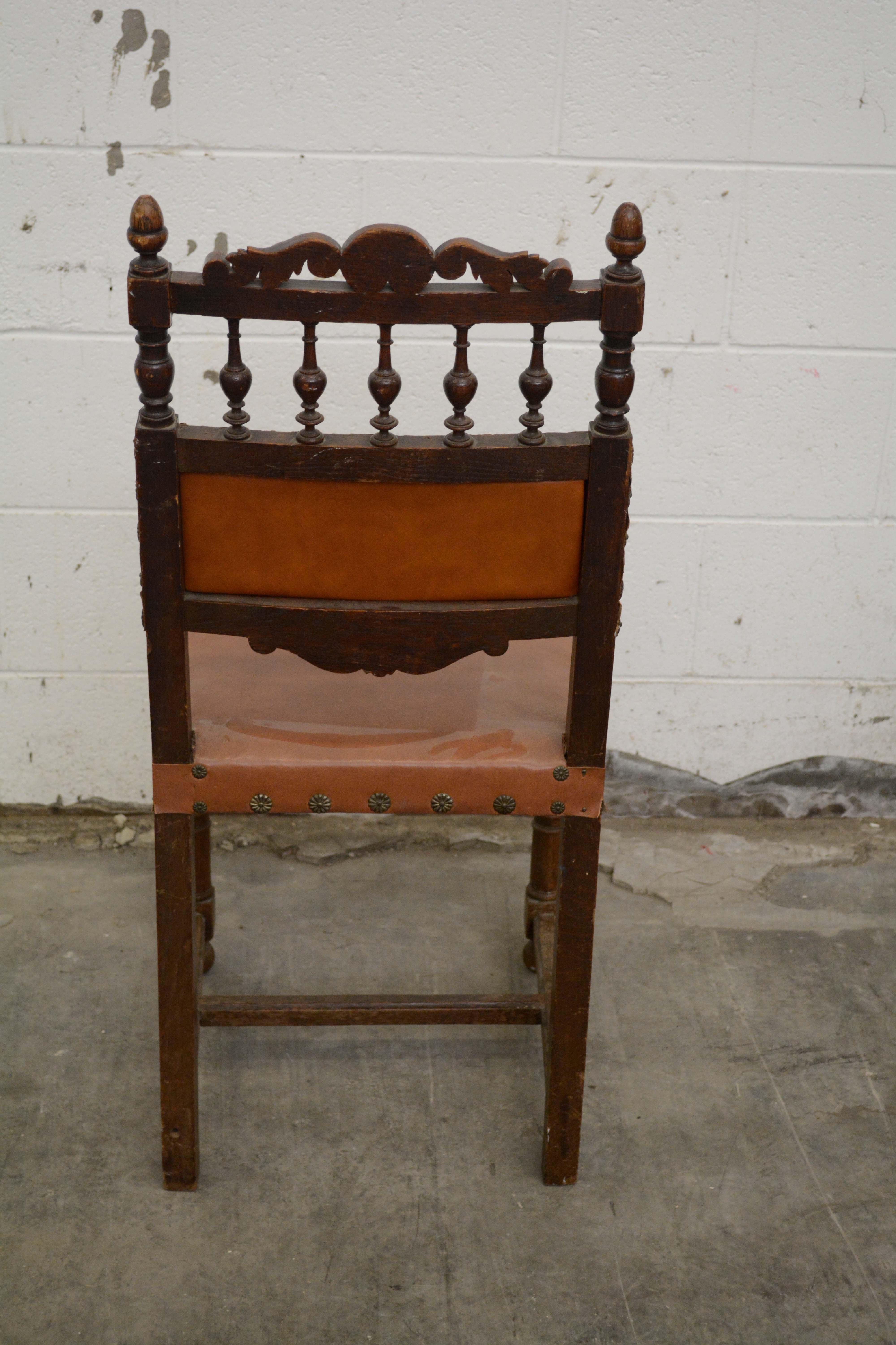 Renaissance Revival Style Oak Frame Vinyl Side Chairs, Mid-20th Century