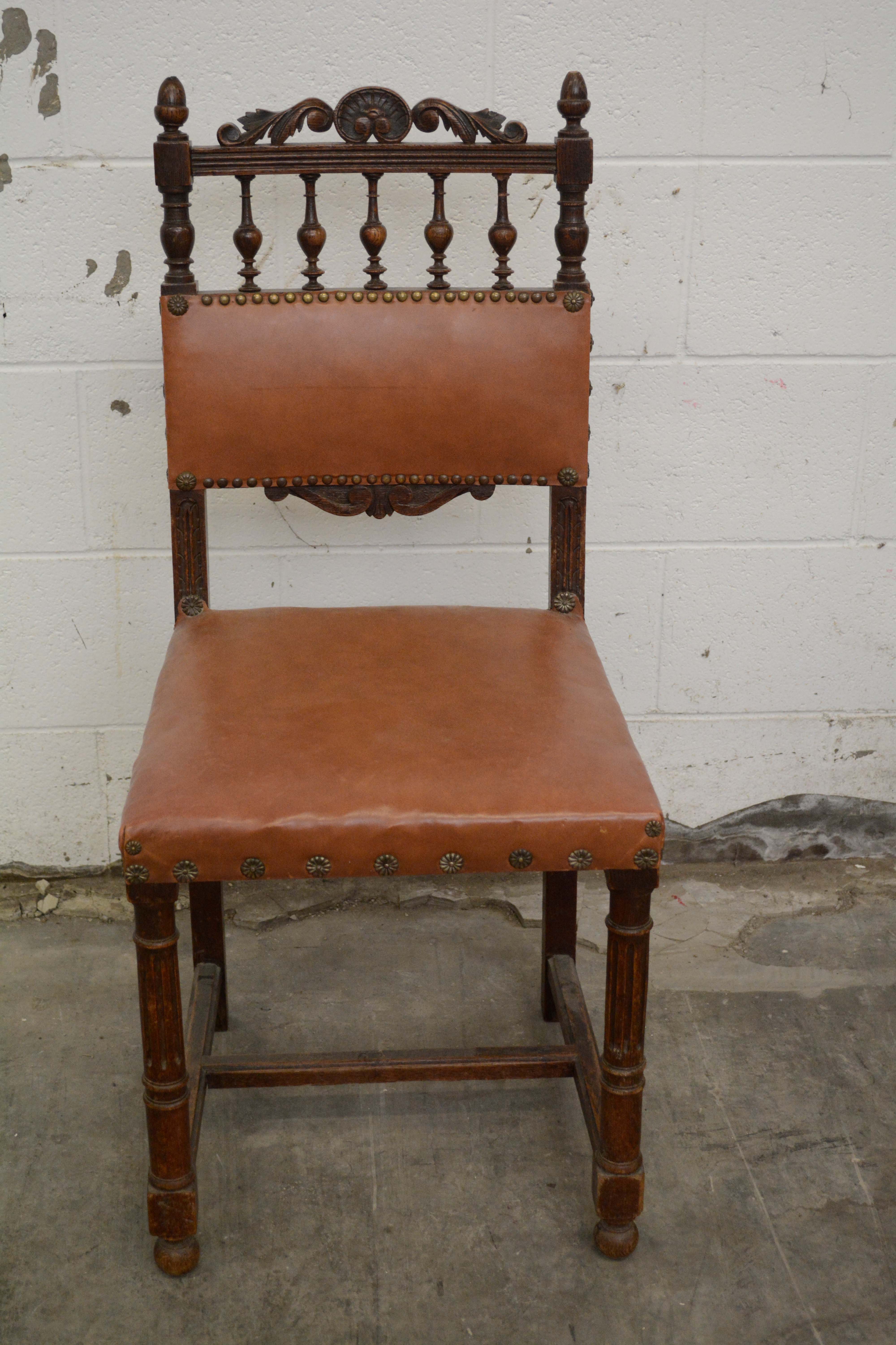 Renaissance Revival Style Oak Frame Vinyl Side Chairs, Mid-20th Century