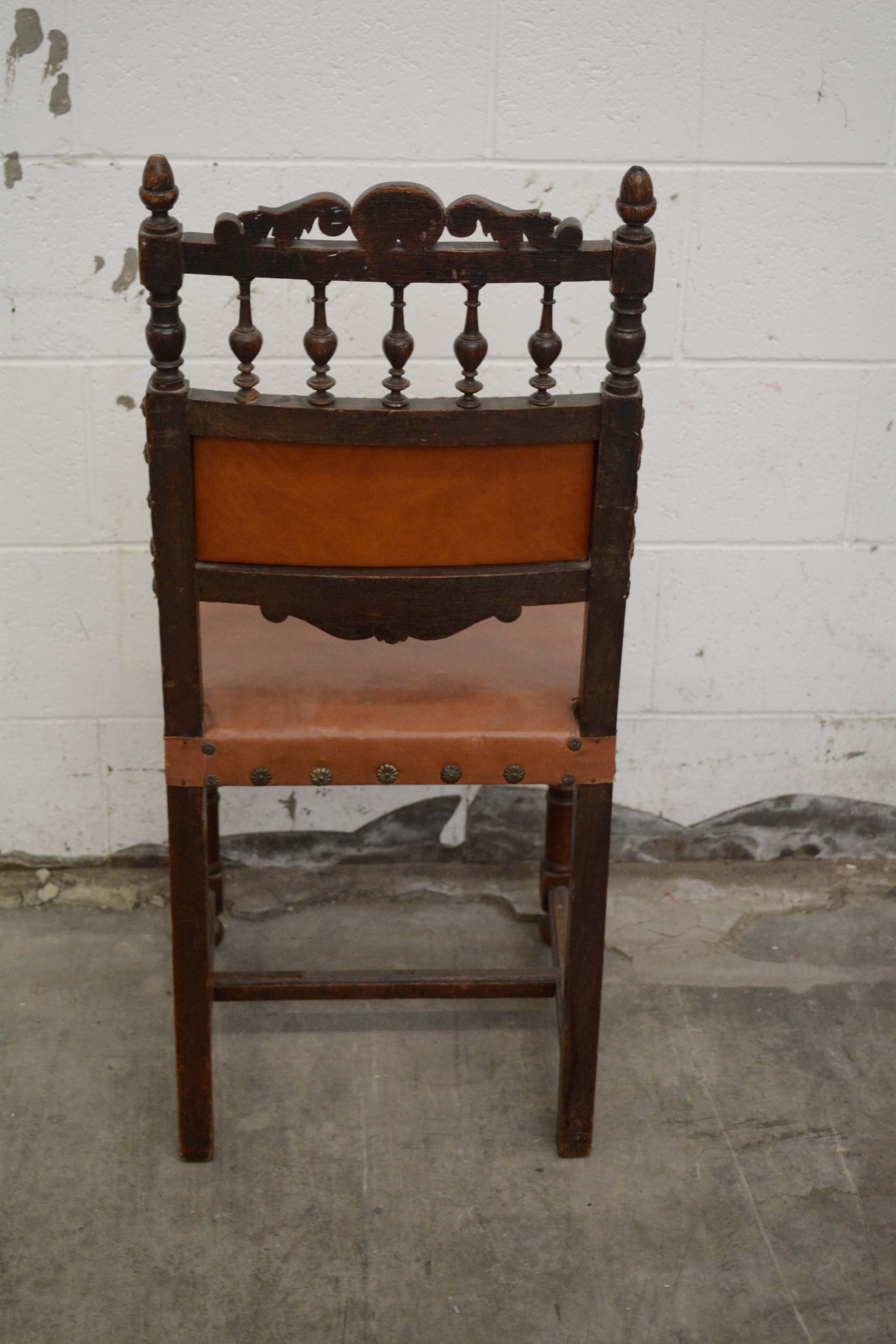 Renaissance Revival Style Oak Frame Vinyl Side Chairs, Mid-20th Century
