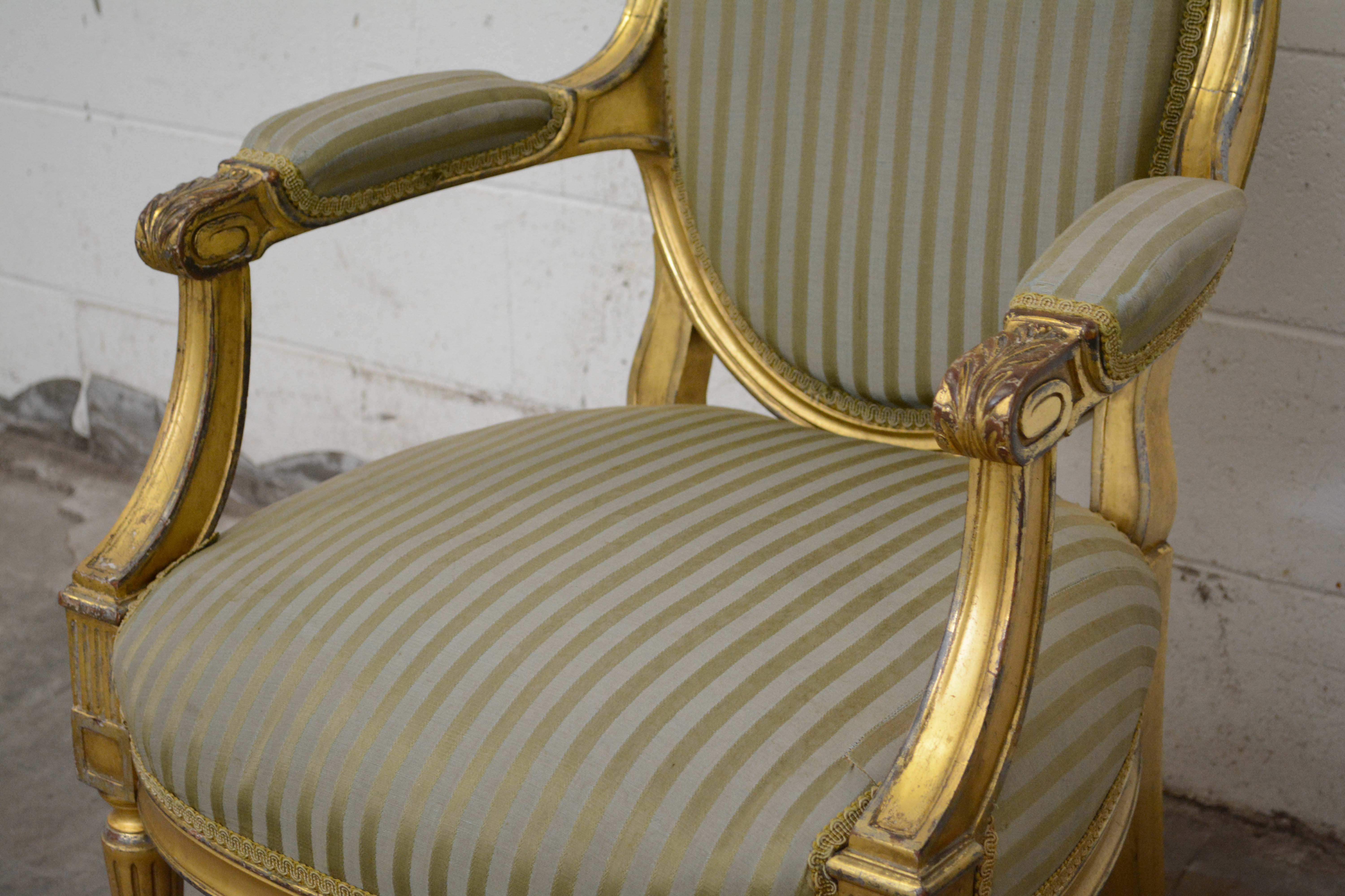 Louis XVI Style Giltwood Fauteuil and Side Chair, Late 19th/Early 20th Century