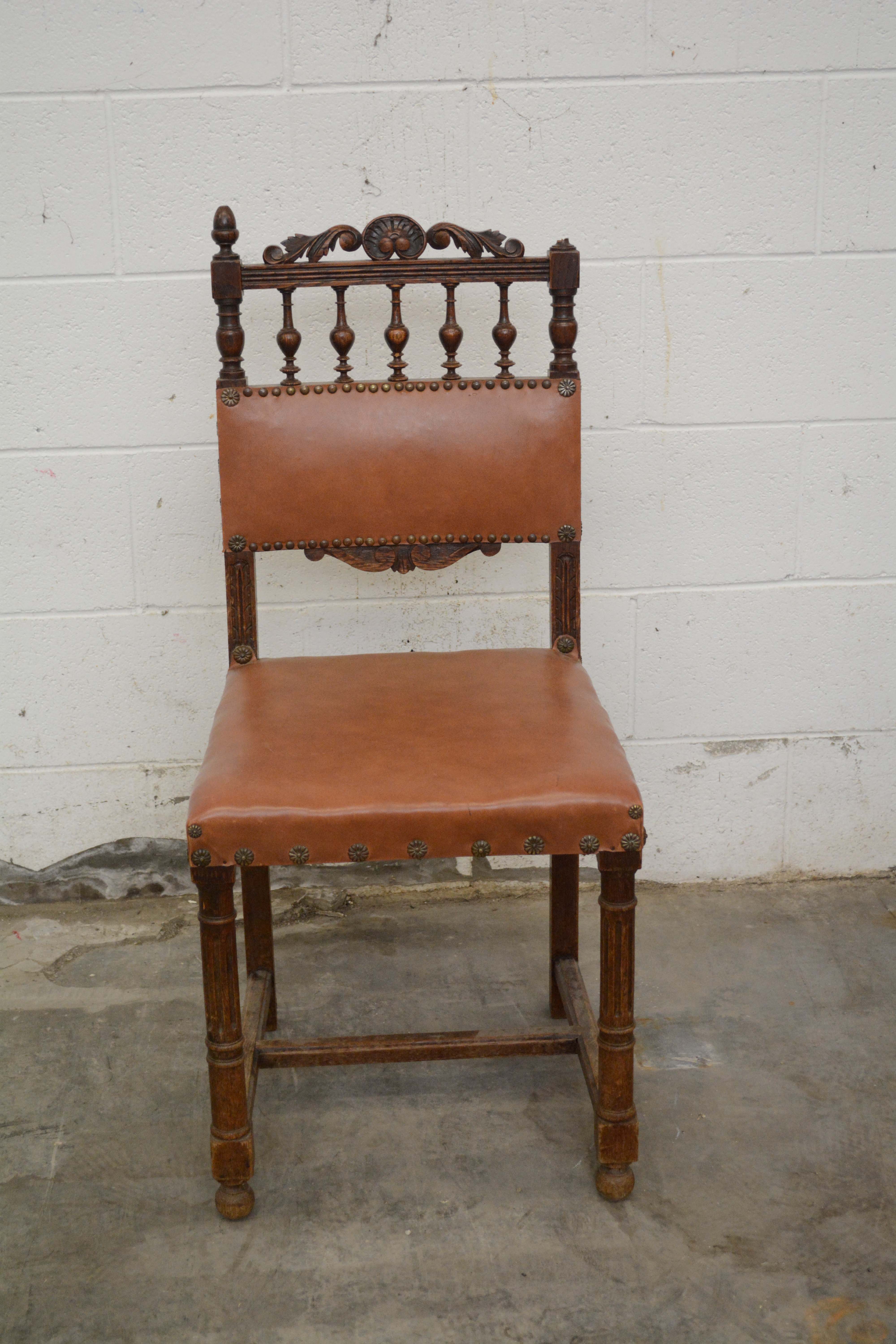 Renaissance Revival Style Oak Frame Vinyl Side Chairs, Mid-20th Century