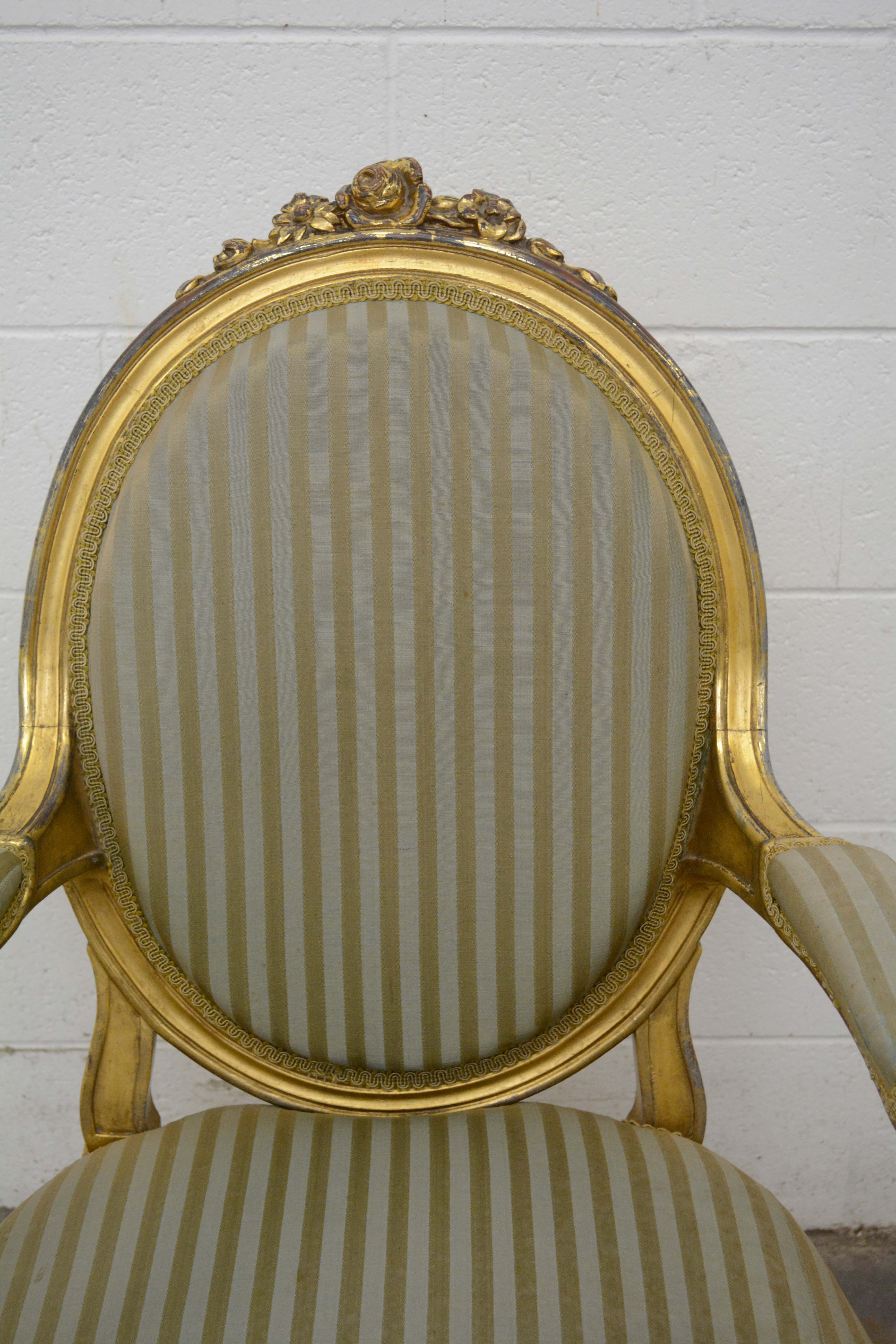 Louis XVI Style Giltwood Fauteuil and Side Chair, Late 19th/Early 20th Century