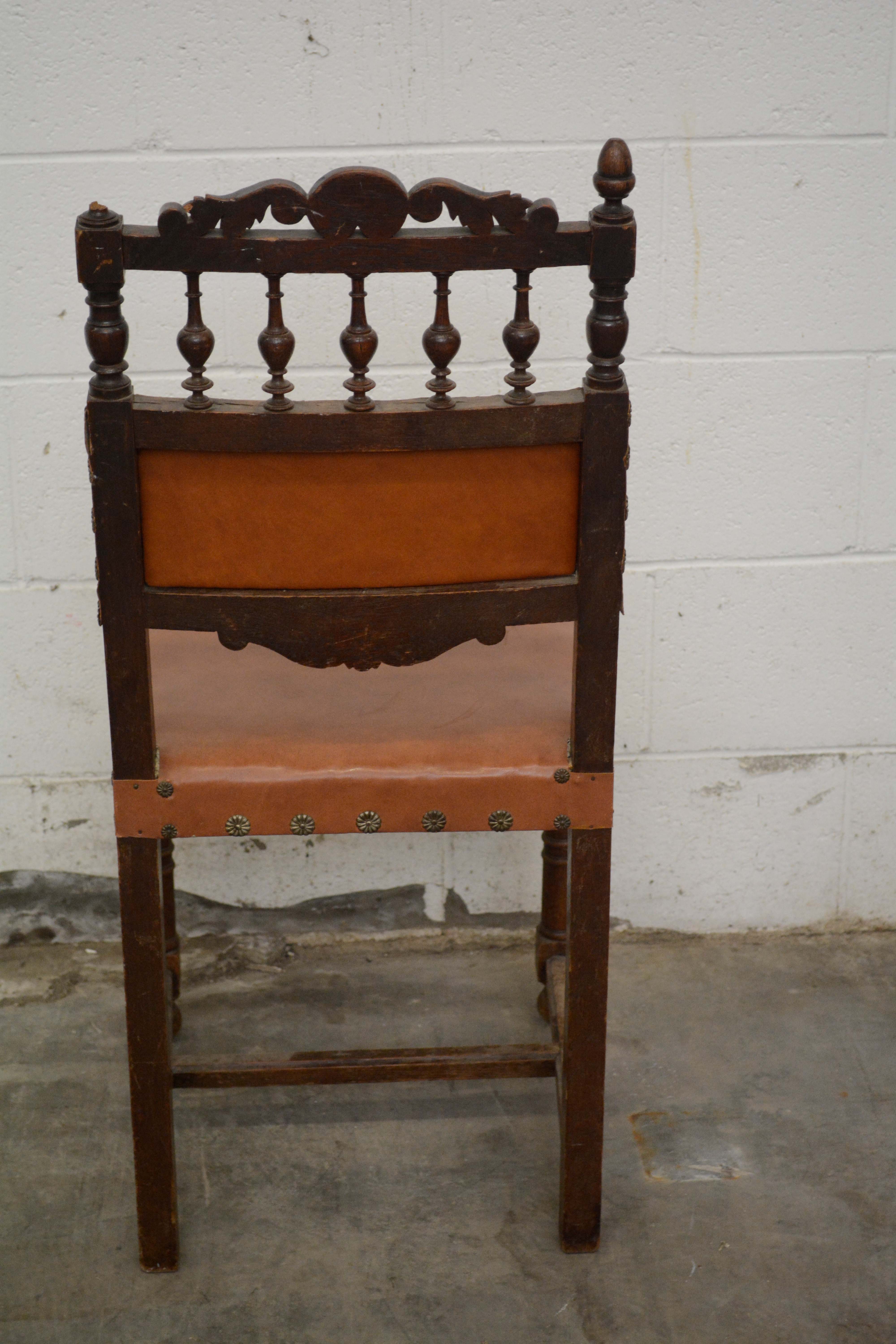 Renaissance Revival Style Oak Frame Vinyl Side Chairs, Mid-20th Century