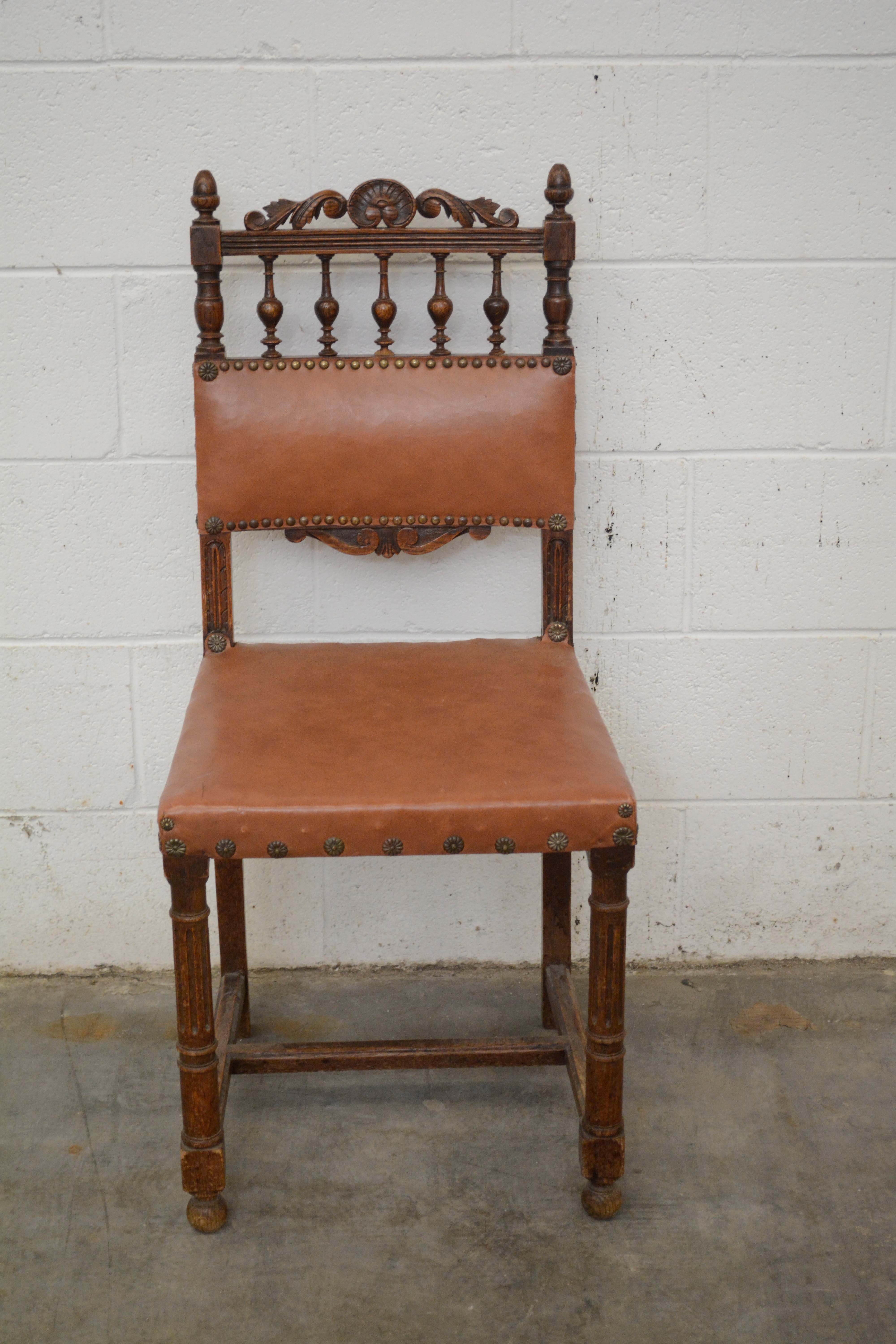 Renaissance Revival Style Oak Frame Vinyl Side Chairs, Mid-20th Century