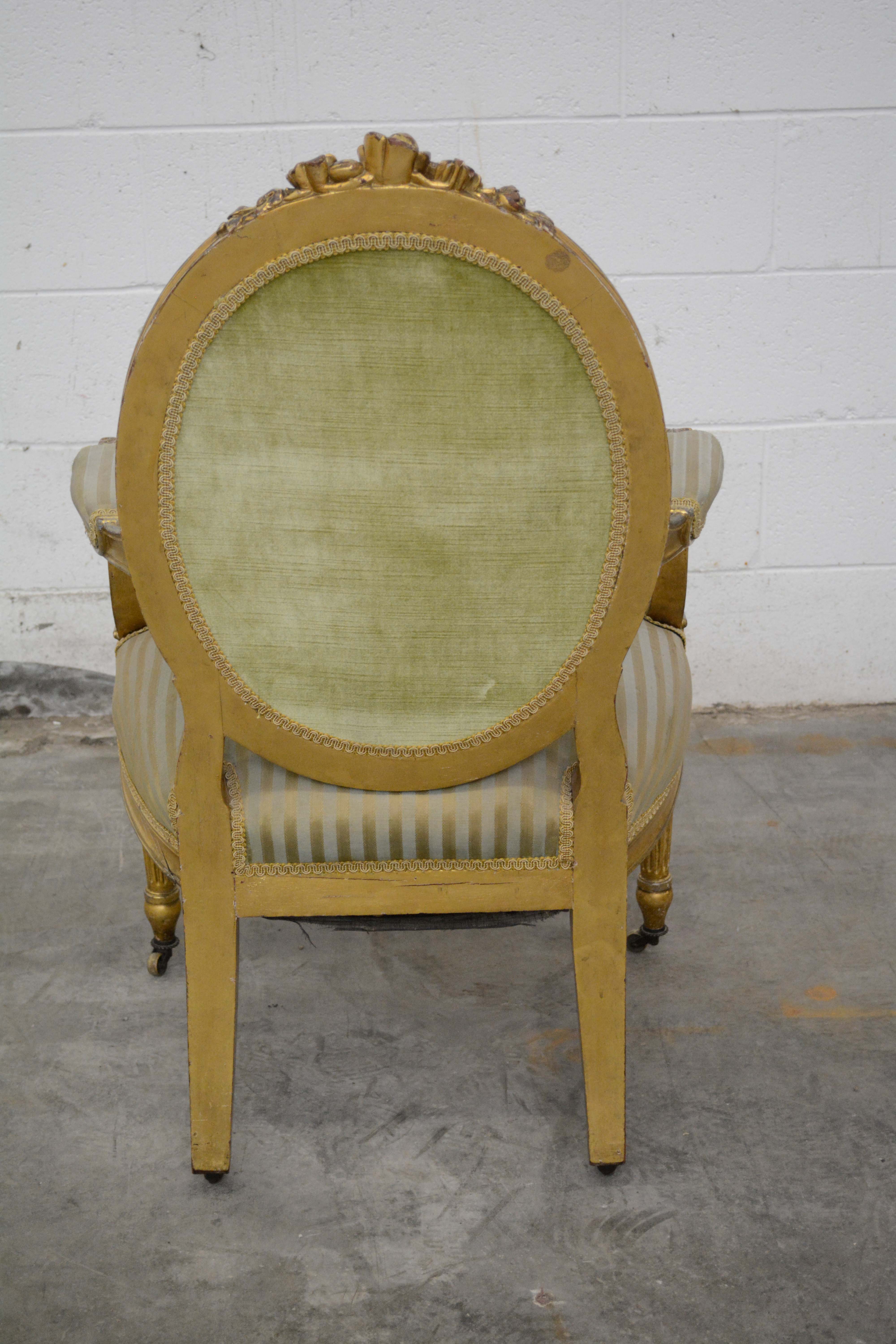 Louis XVI Style Giltwood Fauteuil and Side Chair, Late 19th/Early 20th Century