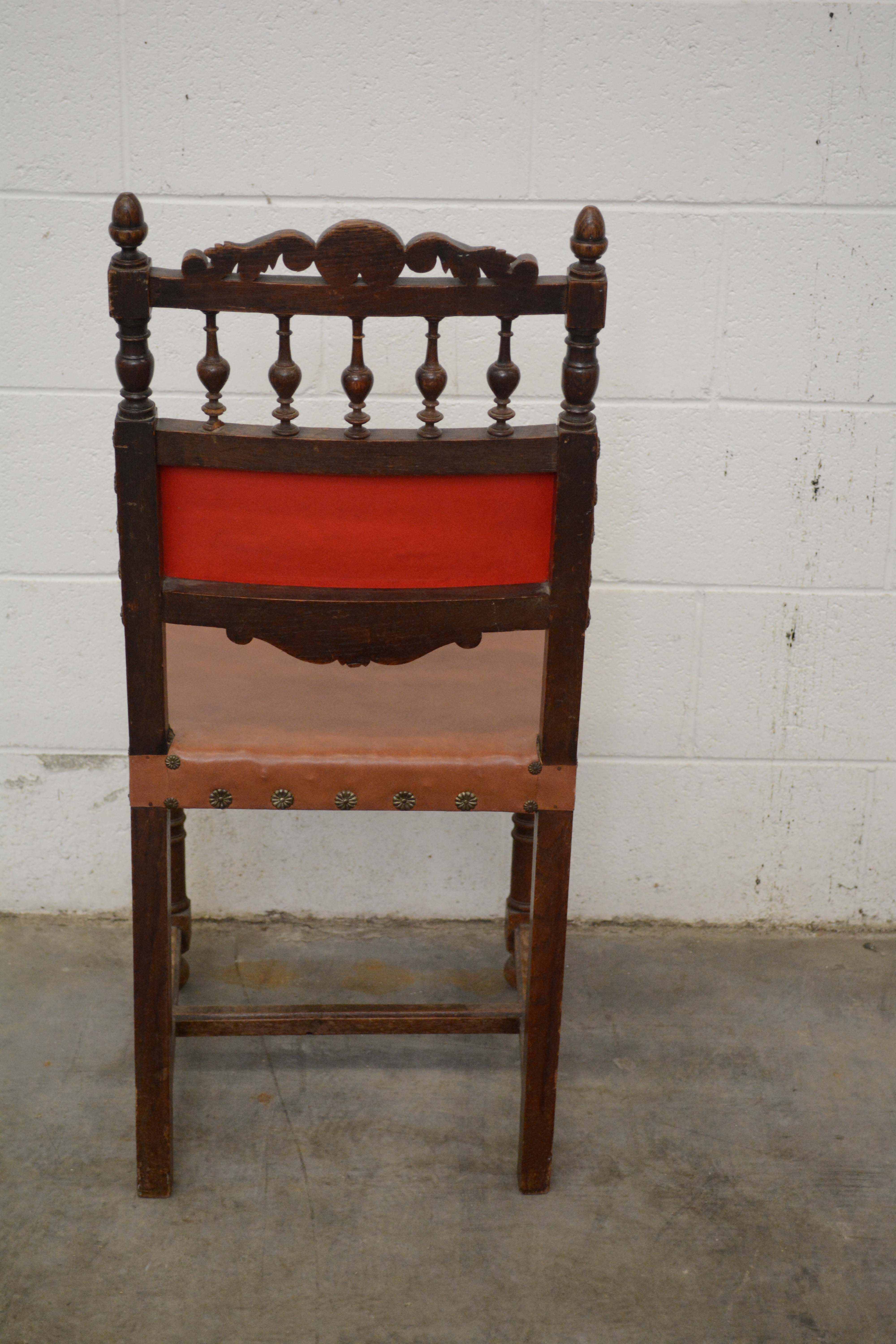 Renaissance Revival Style Oak Frame Vinyl Side Chairs, Mid-20th Century