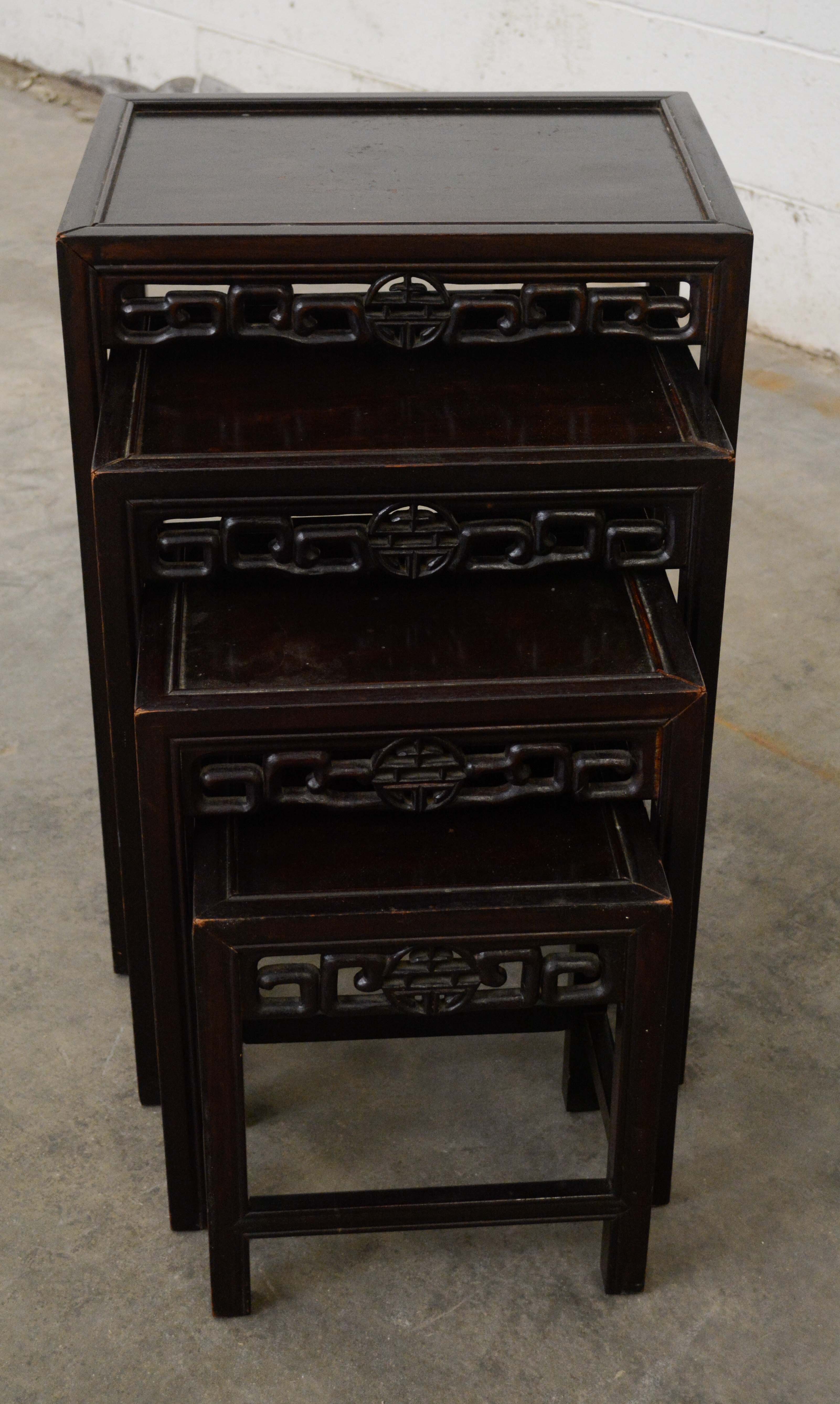 Set of Chinese Export Carved Hardwood Quartetto Tables, Early 20th Century