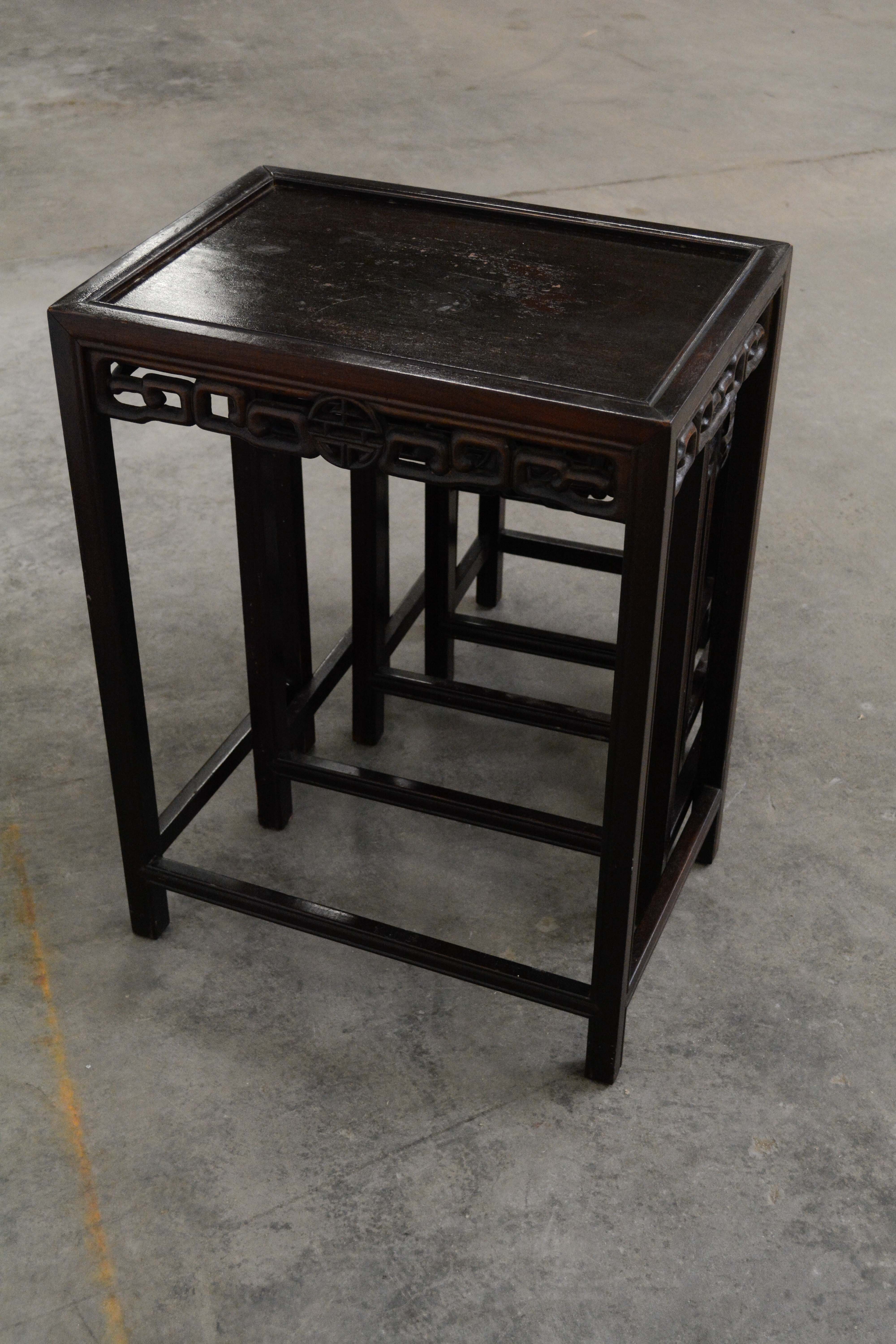 Set of Chinese Export Carved Hardwood Quartetto Tables, Early 20th Century