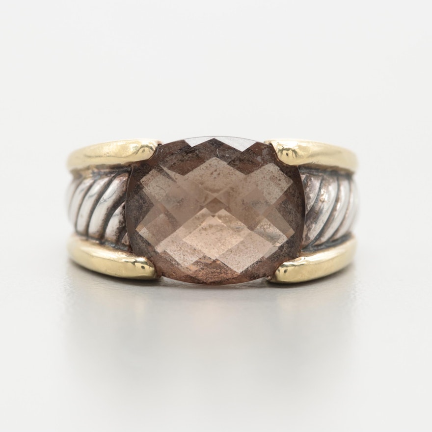 David Yurman Sterling Silver Smoky Quartz Ring with 18K Yellow Gold Accents