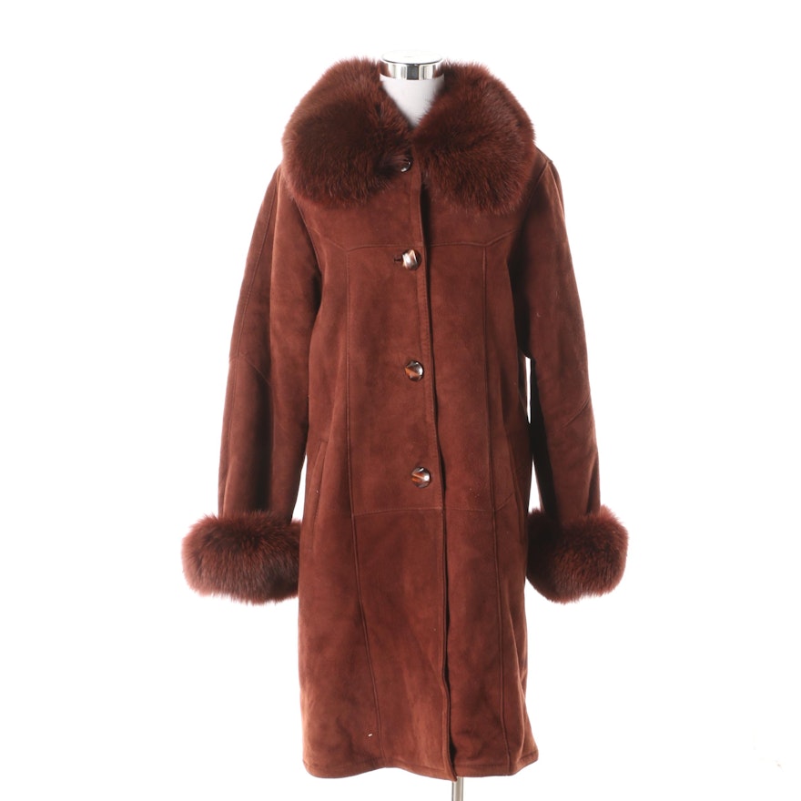 Women's Harlin Rust Brown Suede and Shearling Coat with Dyed Fox Fur Trim