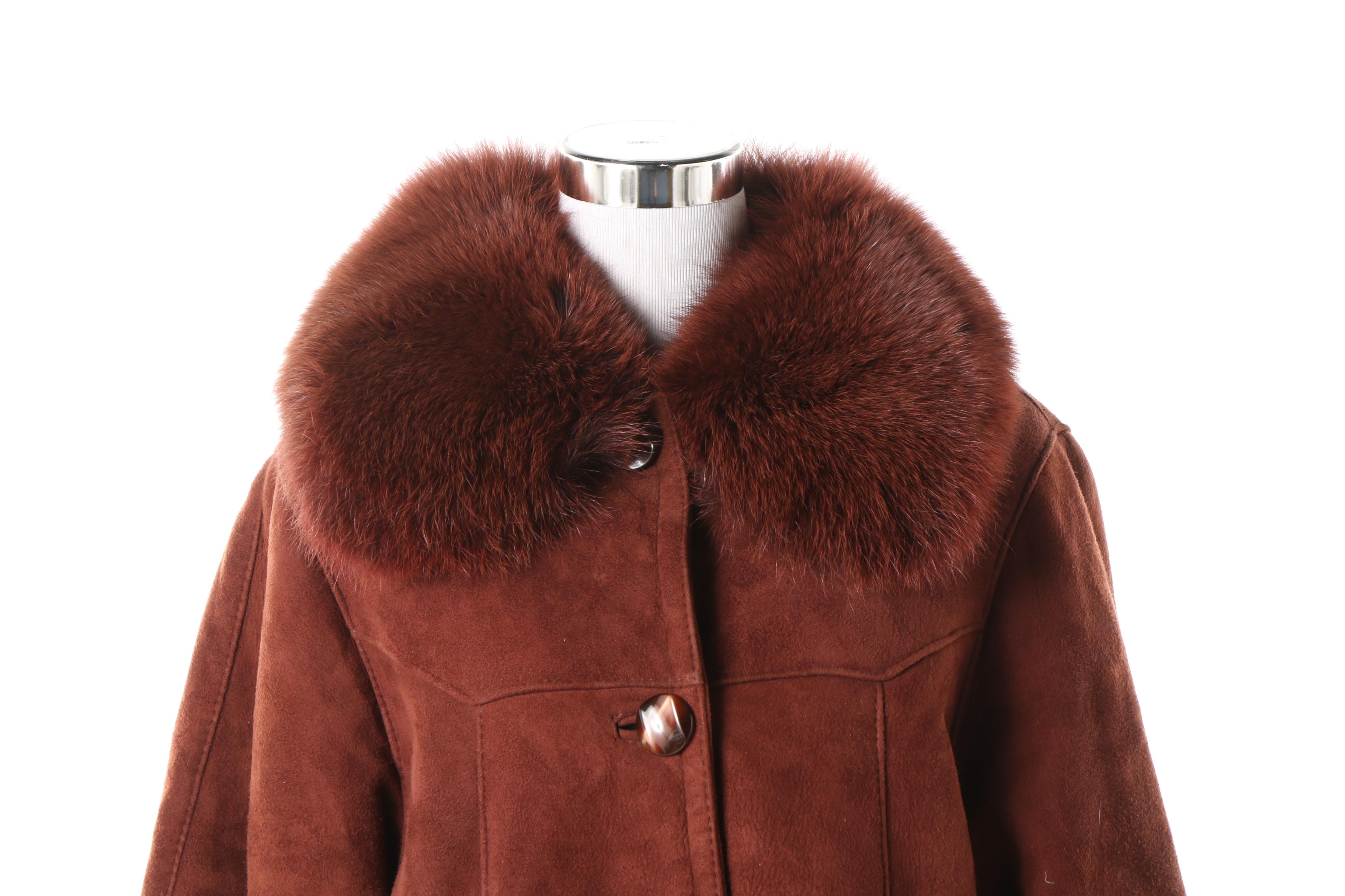 Women's Harlin Rust Brown Suede and Shearling Coat with Dyed Fox Fur Trim