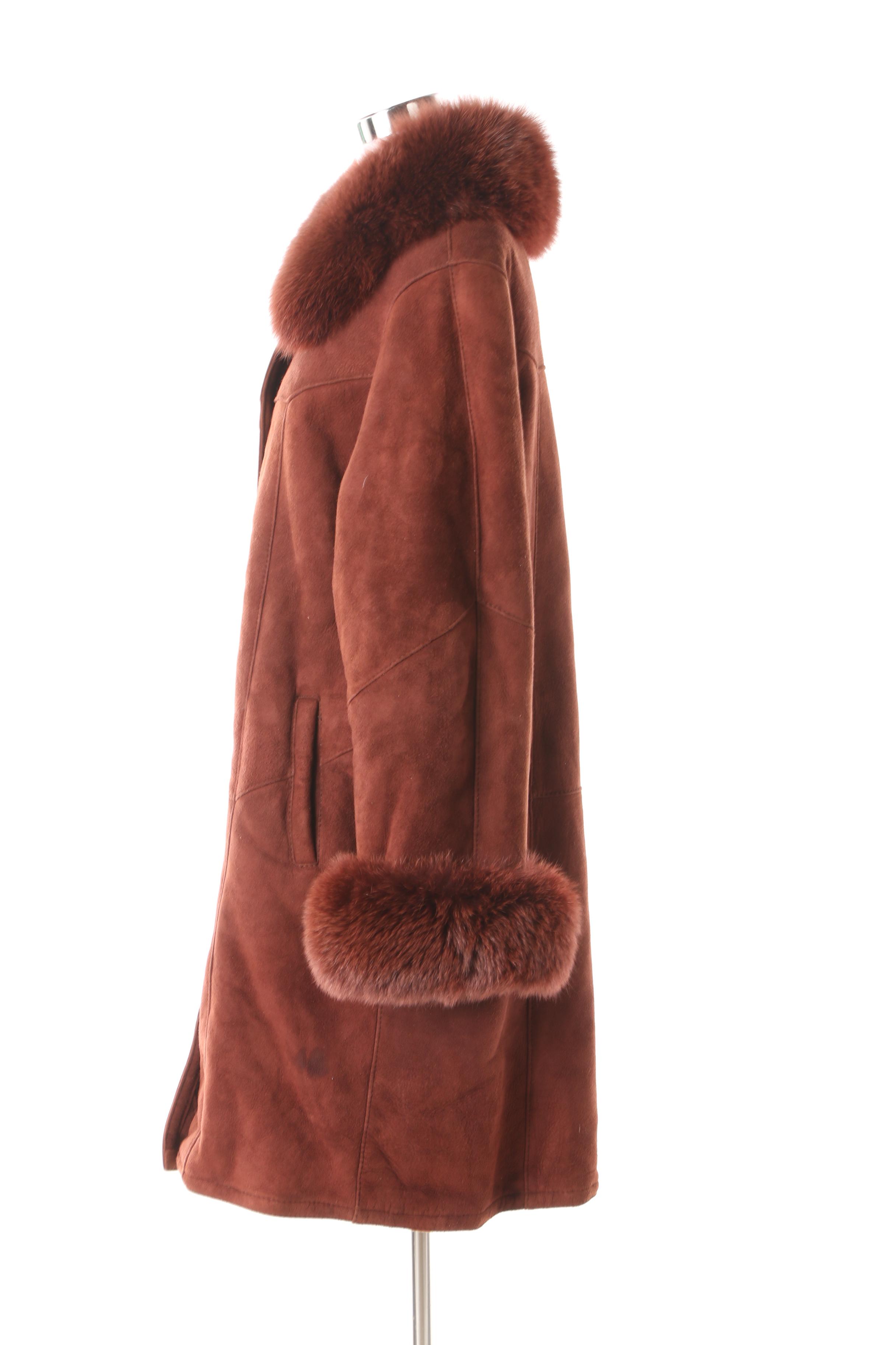 Women's Harlin Rust Brown Suede and Shearling Coat with Dyed Fox Fur Trim