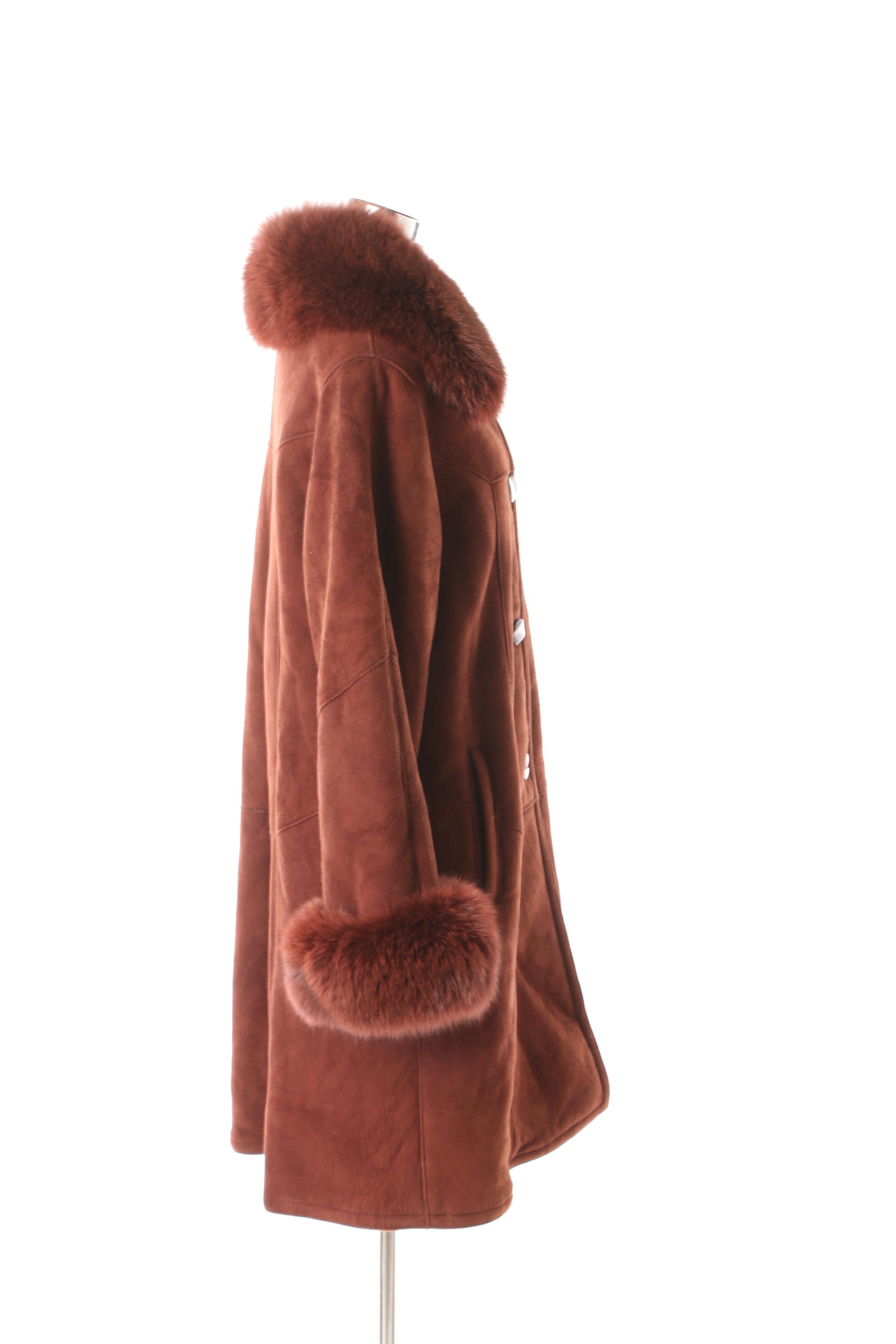 Women's Harlin Rust Brown Suede and Shearling Coat with Dyed Fox Fur Trim