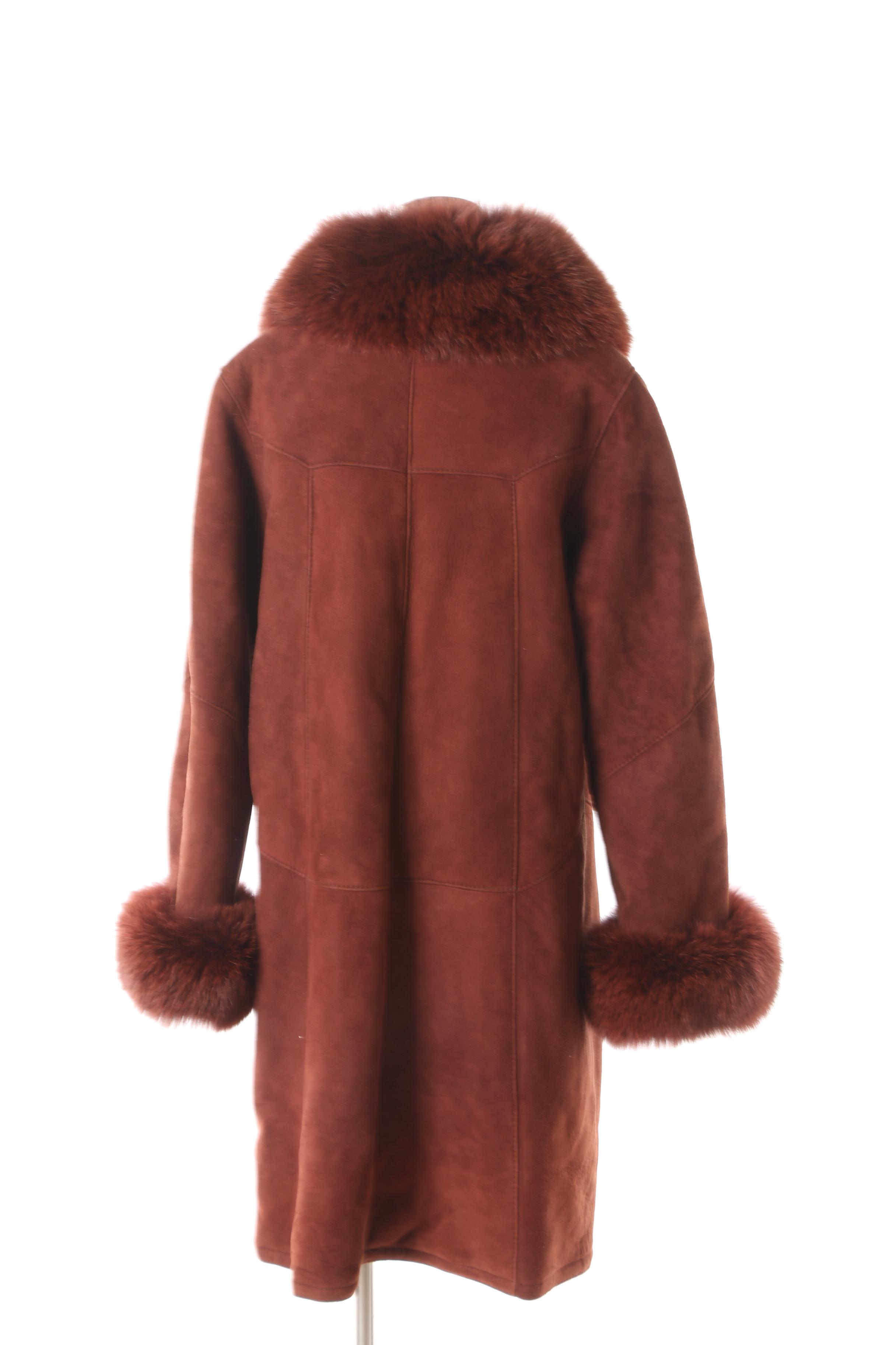 Women's Harlin Rust Brown Suede and Shearling Coat with Dyed Fox Fur Trim