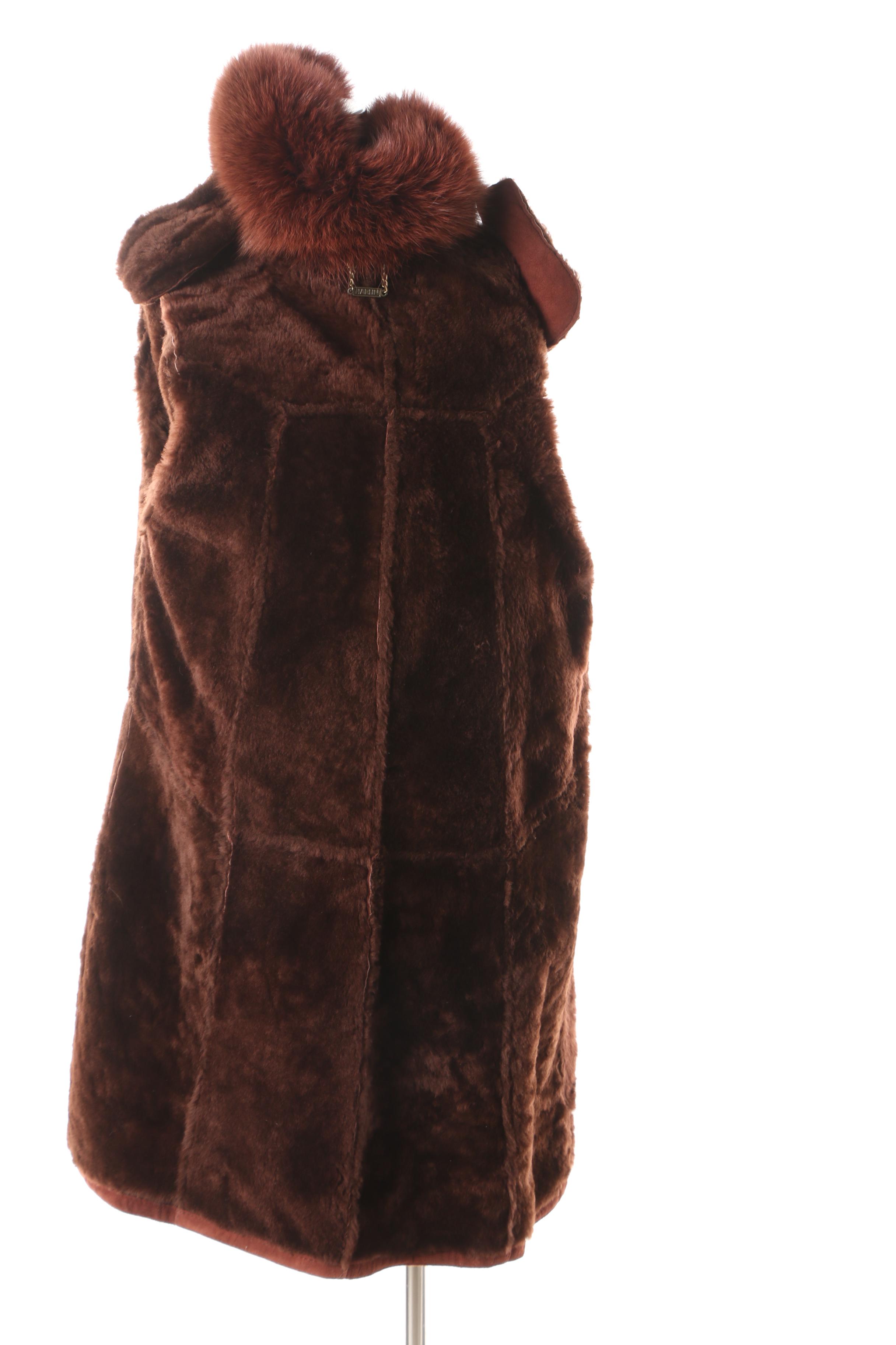 Women's Harlin Rust Brown Suede and Shearling Coat with Dyed Fox Fur Trim