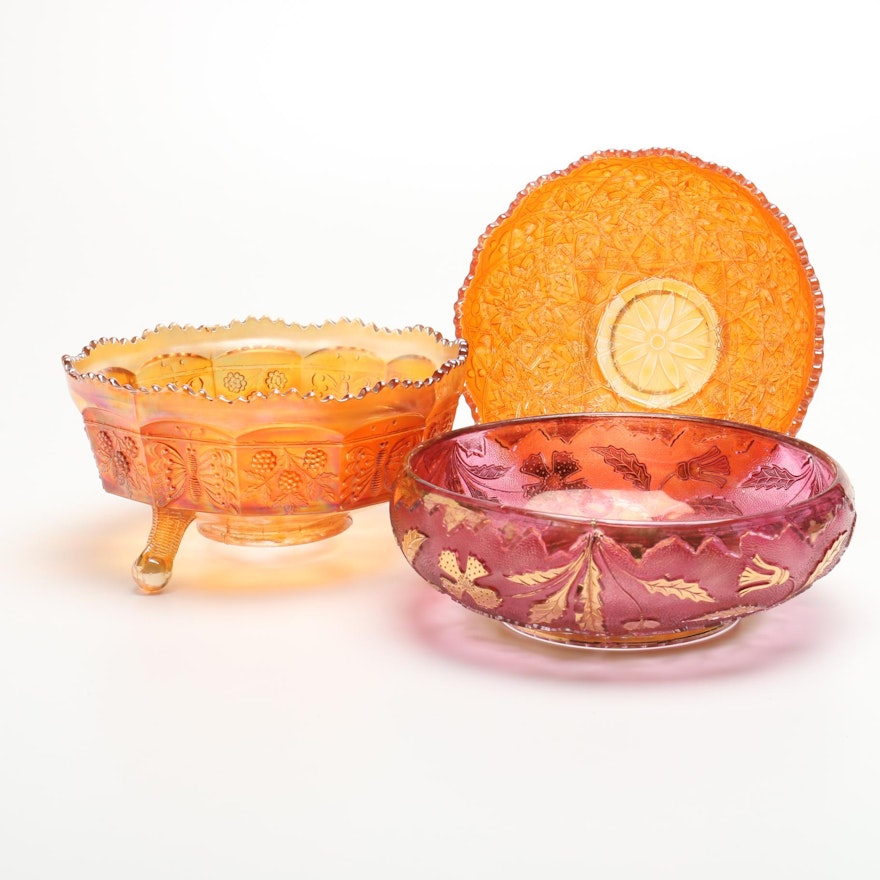 Three Carnival Glass Berry Bowls