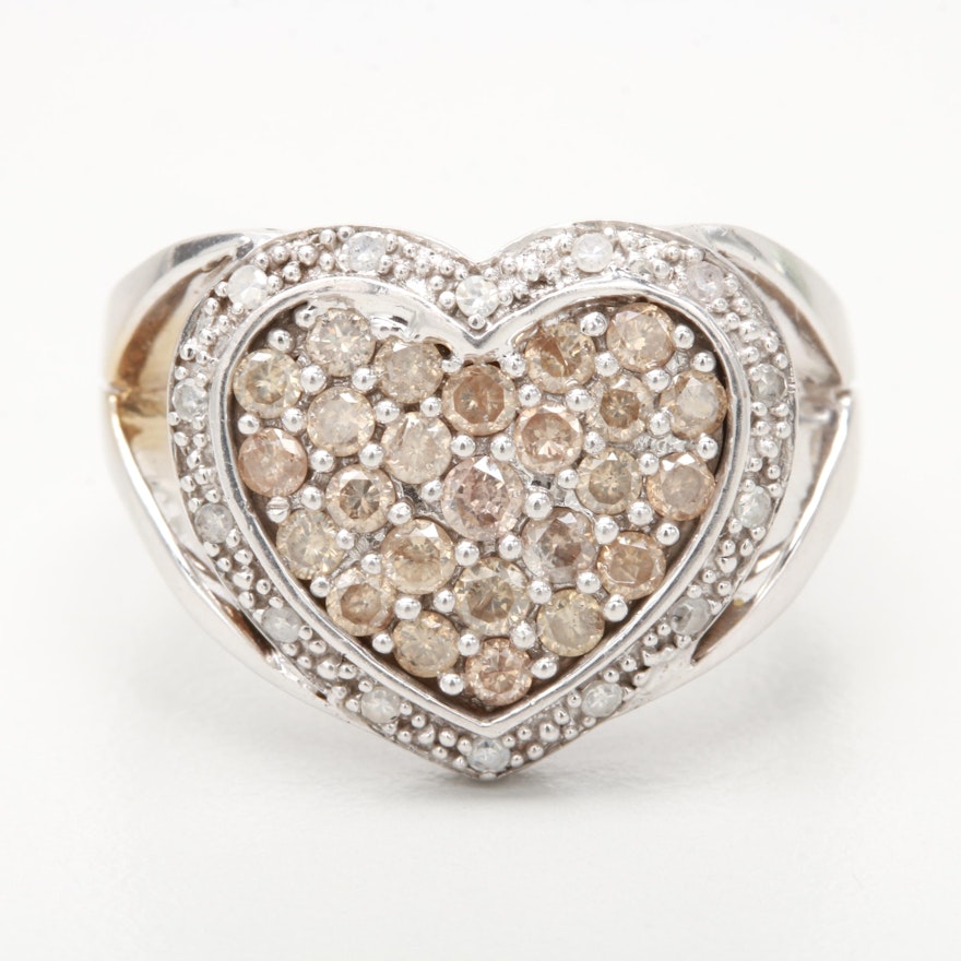 14K White Gold and Diamond Heart Ring