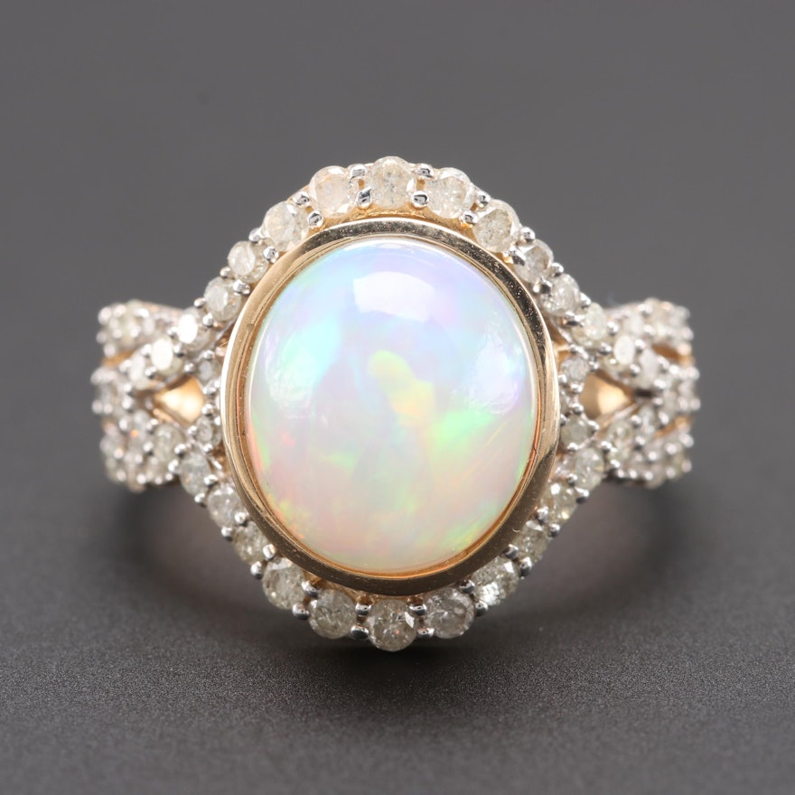 14K Yellow Gold Opal and Diamond Ring