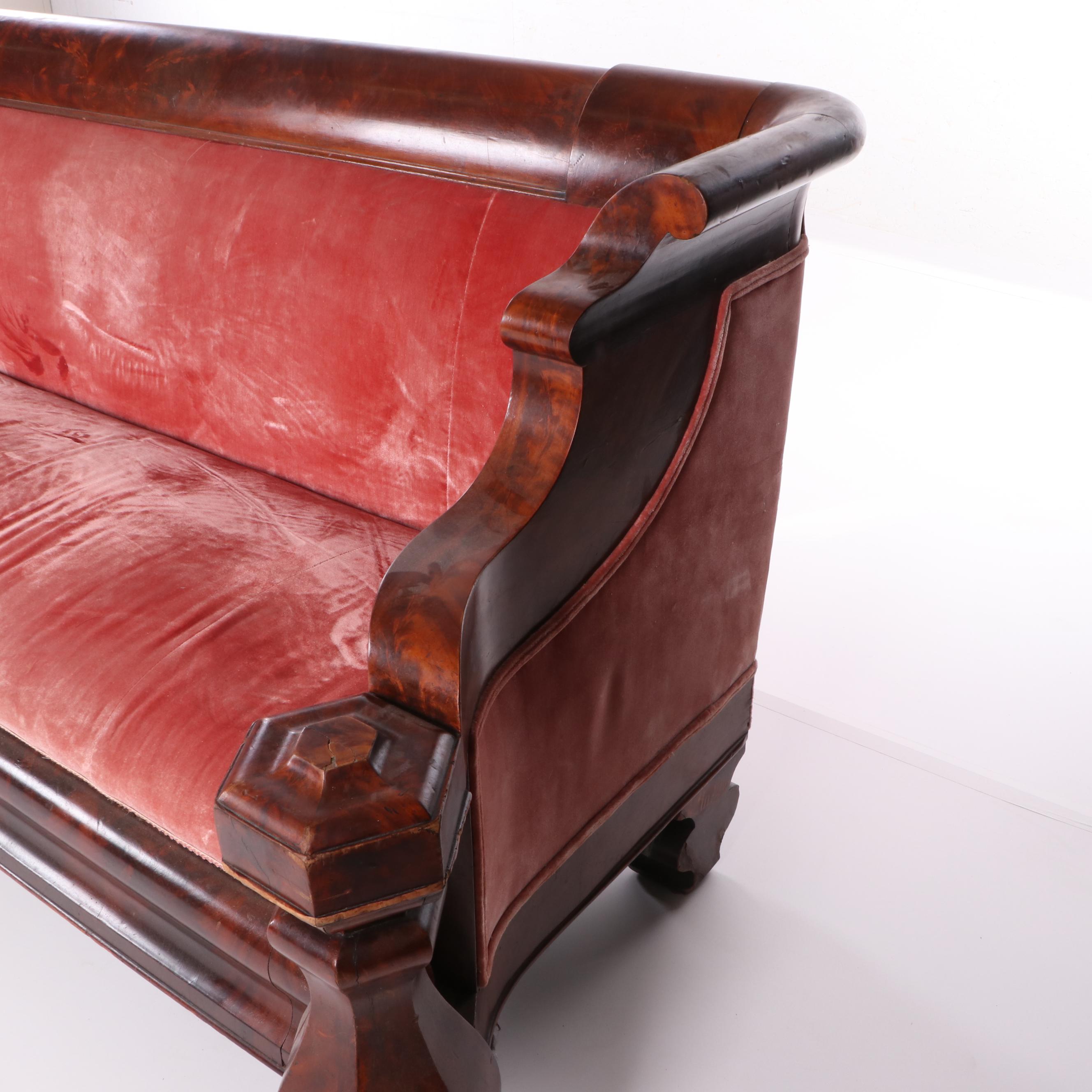 American Empire Mahogany Frame Upholstered Sofa, Mid-19th Century