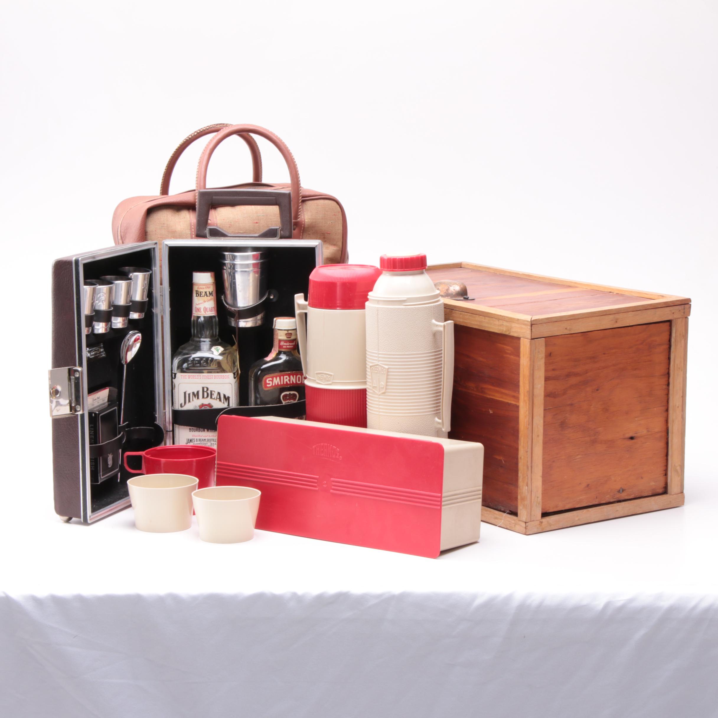Vintage Ever Wear "Trav-L-Bar", Thermos Picnic Set, and Wooden Storage Box