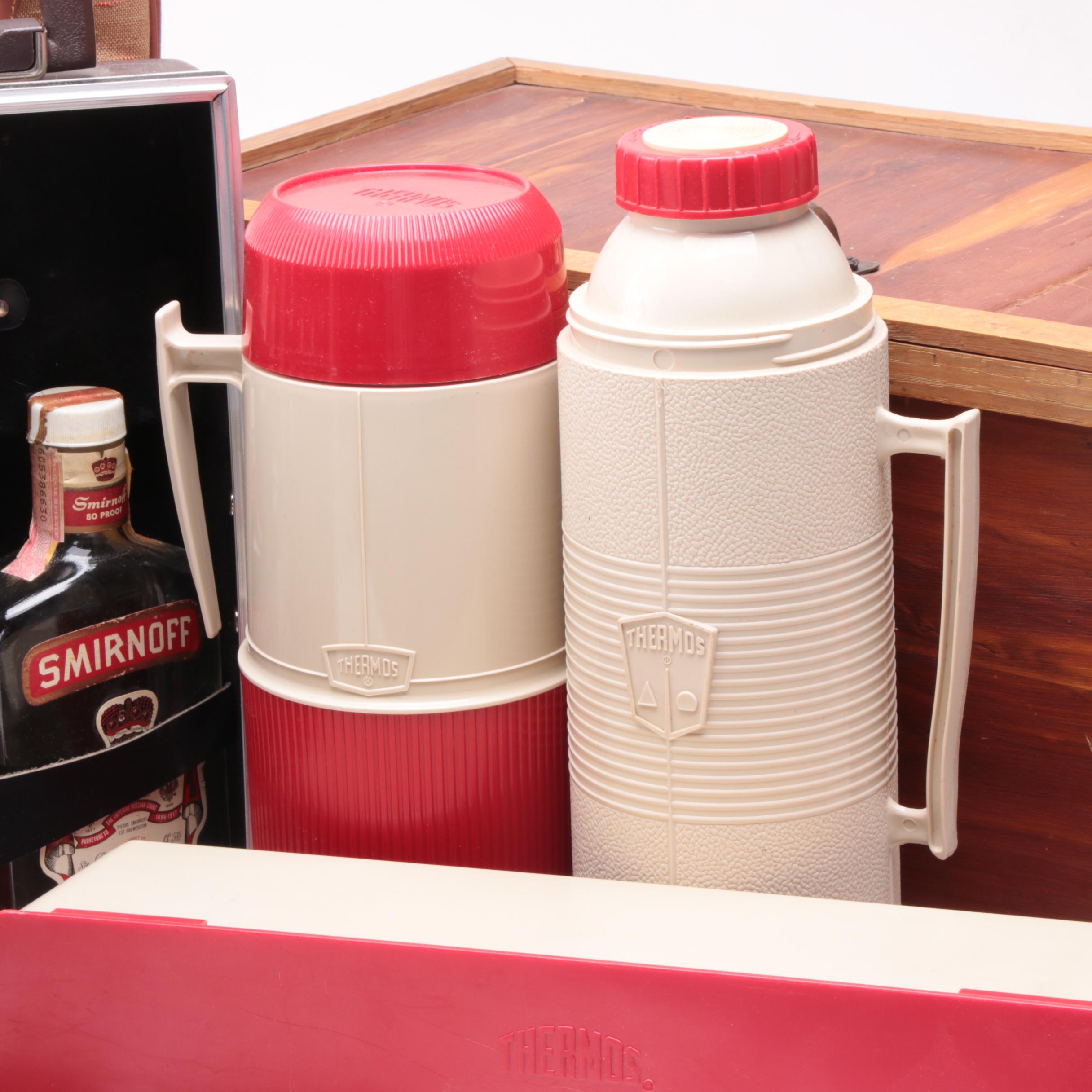 Vintage Ever Wear "Trav-L-Bar", Thermos Picnic Set, and Wooden Storage Box