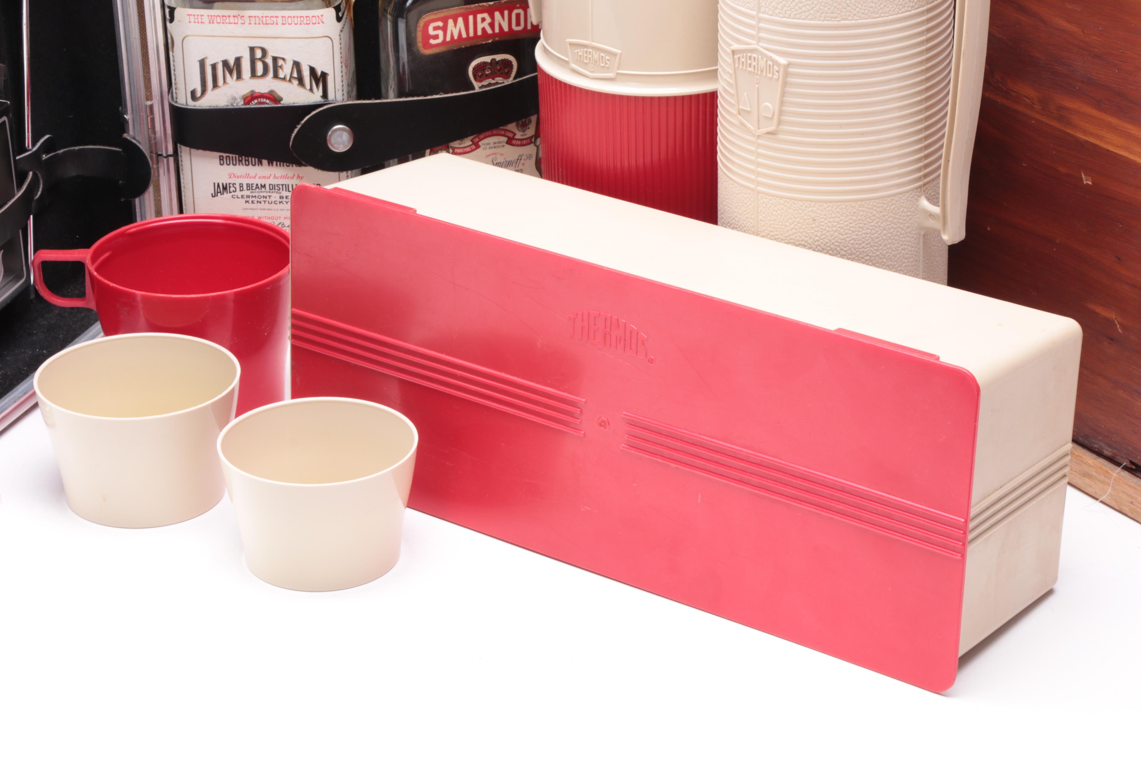 Vintage Ever Wear "Trav-L-Bar", Thermos Picnic Set, and Wooden Storage Box