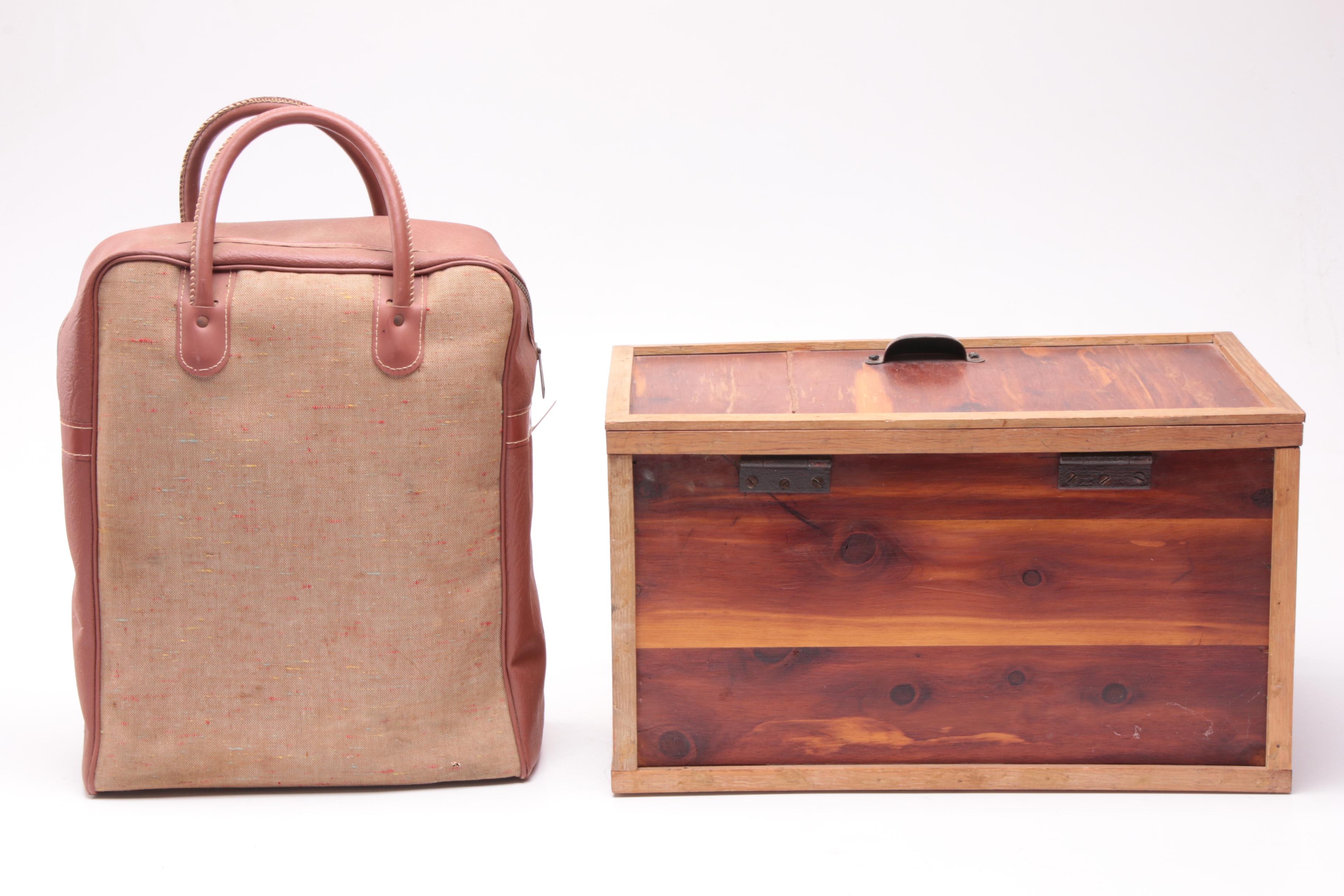 Vintage Ever Wear "Trav-L-Bar", Thermos Picnic Set, and Wooden Storage Box