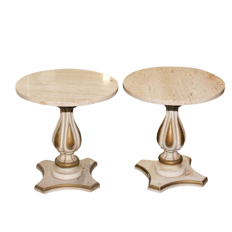 Pair of French Provincial Style Wood and Marble Tables, Mid-20th Century