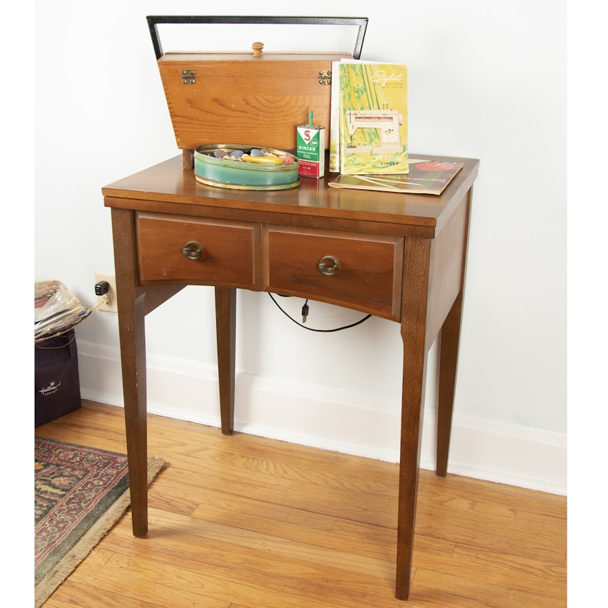 Singer Stylist 538 Sewing Machine Table with Cherry Cabinet and Accessories