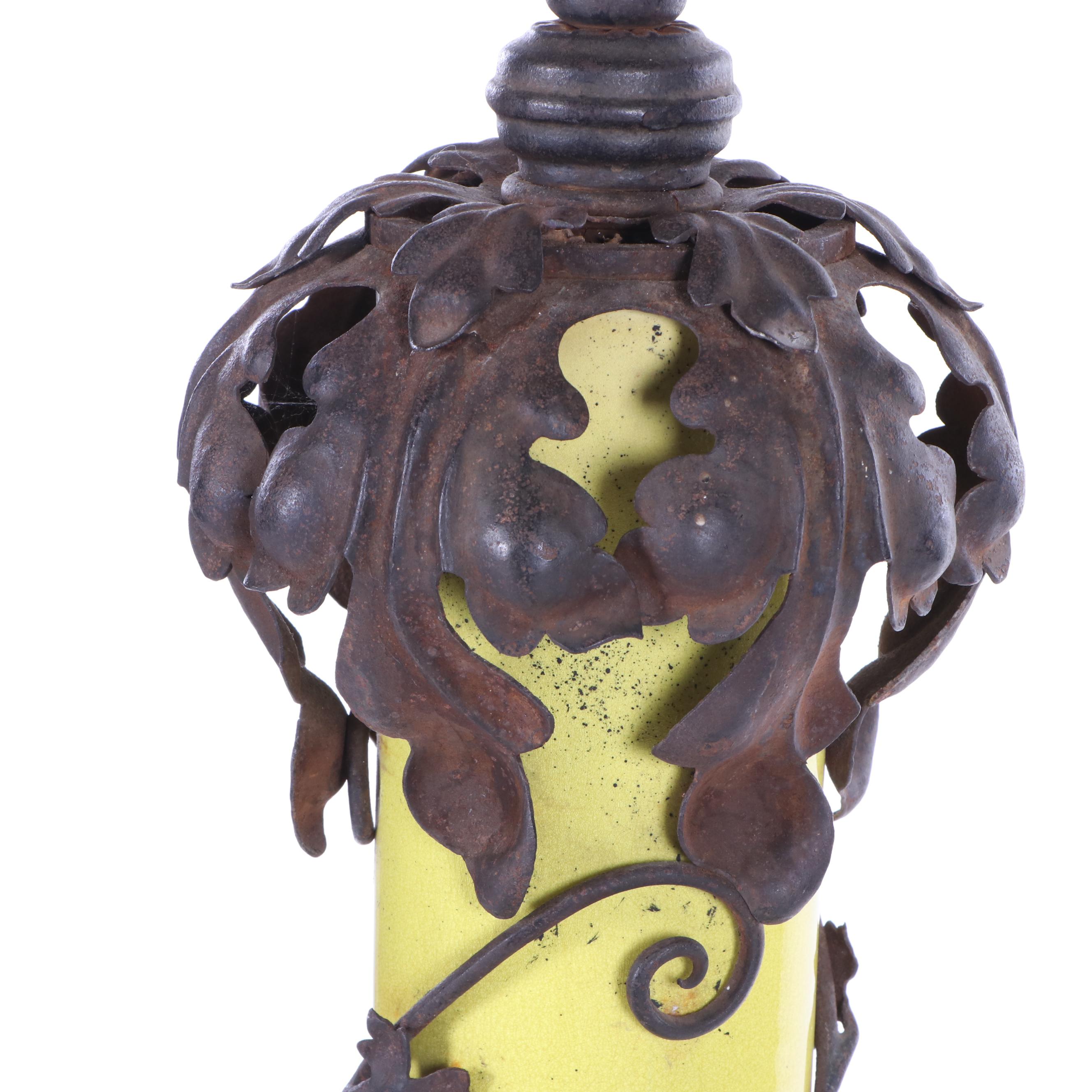 Oversized Yellow Glazed Vase Mounted in Scrolled Wrought Iron Work