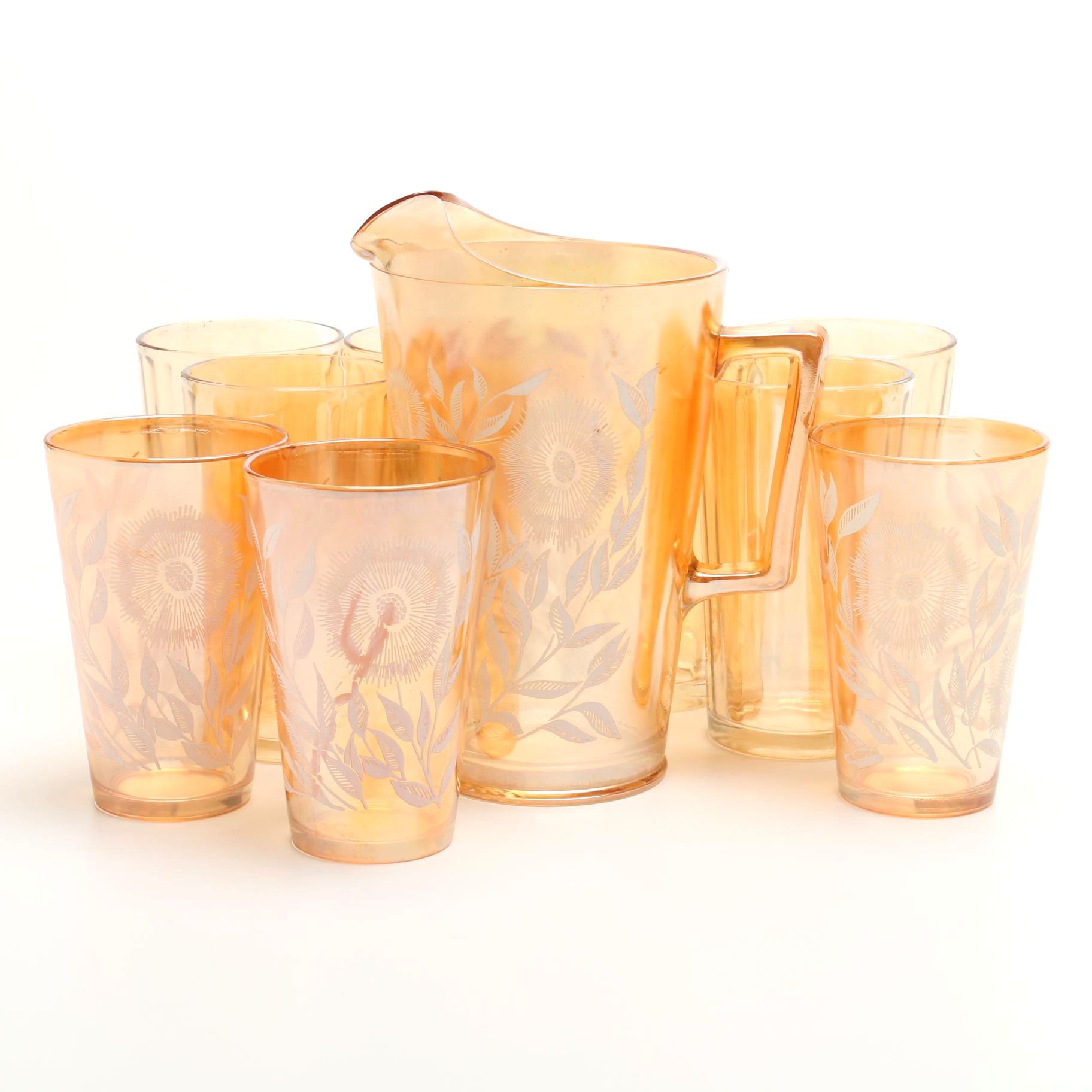 Vintage Jeannette Marigold Carnival Glass Water Pitcher and Assorted Tumblers