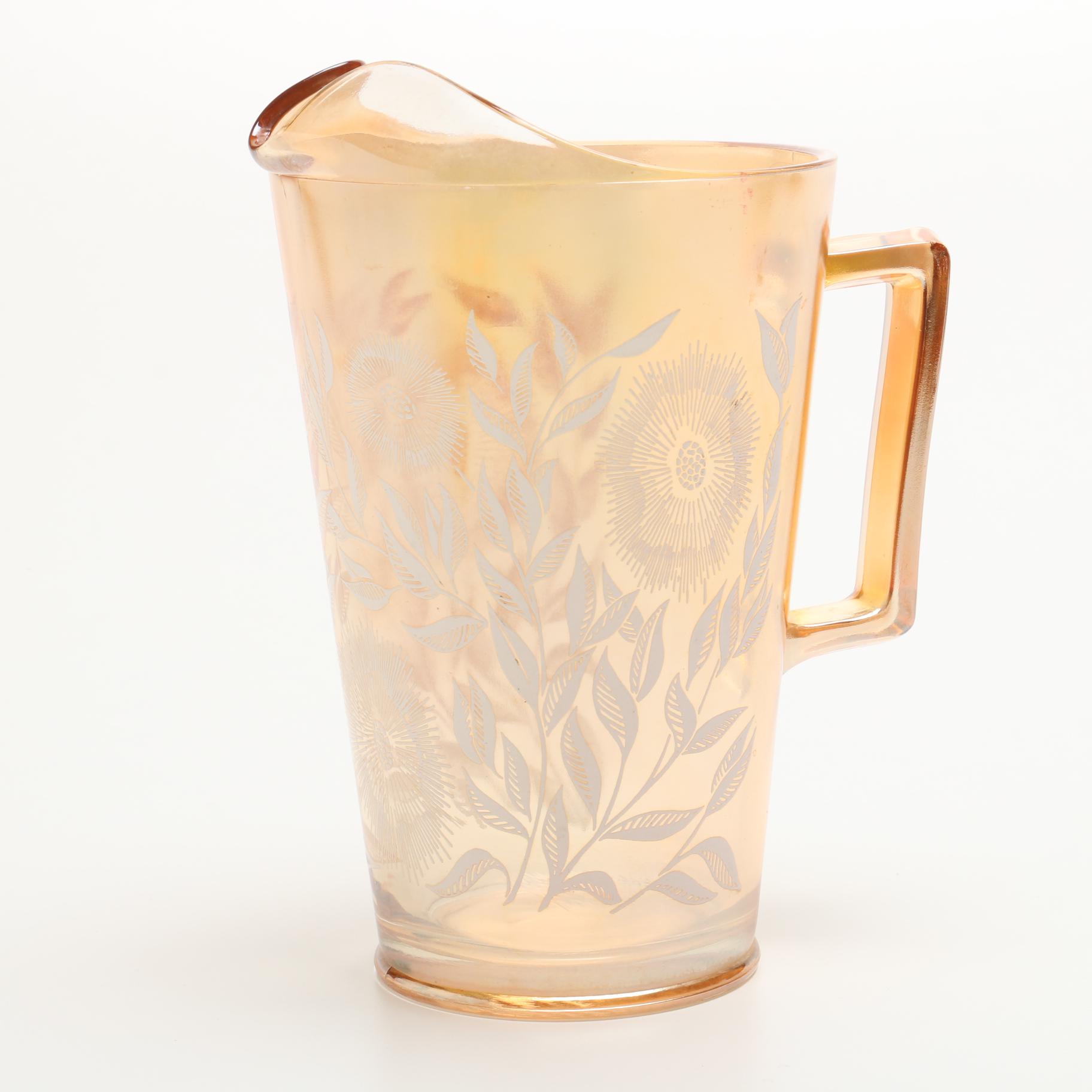 Vintage Jeannette Marigold Carnival Glass Water Pitcher and Assorted Tumblers